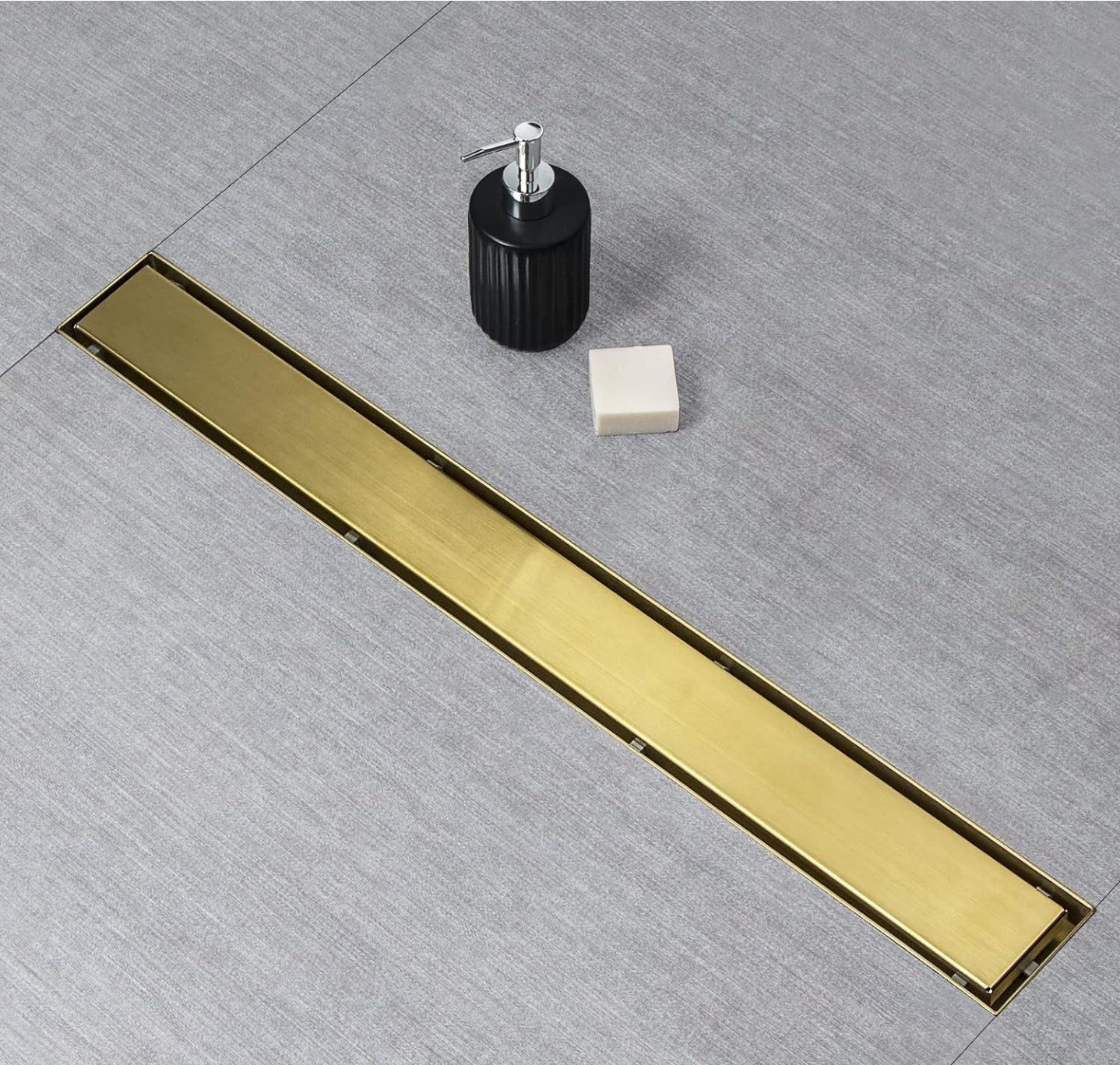 Gold Shower Drain 48 inch with 2 in 1 Tile Insert & Flat Panel, AISI 304 Stainless Steel Shower Floor Drain with Hair Strainer and Leveling Feet