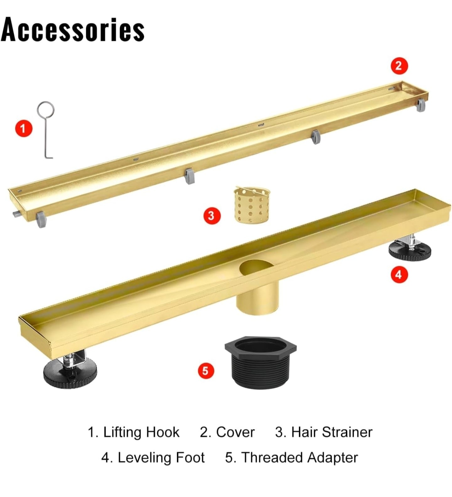 Gold Shower Drain 48 inch with 2 in 1 Tile Insert & Flat Panel, AISI 304 Stainless Steel Shower Floor Drain with Hair Strainer and Leveling Feet