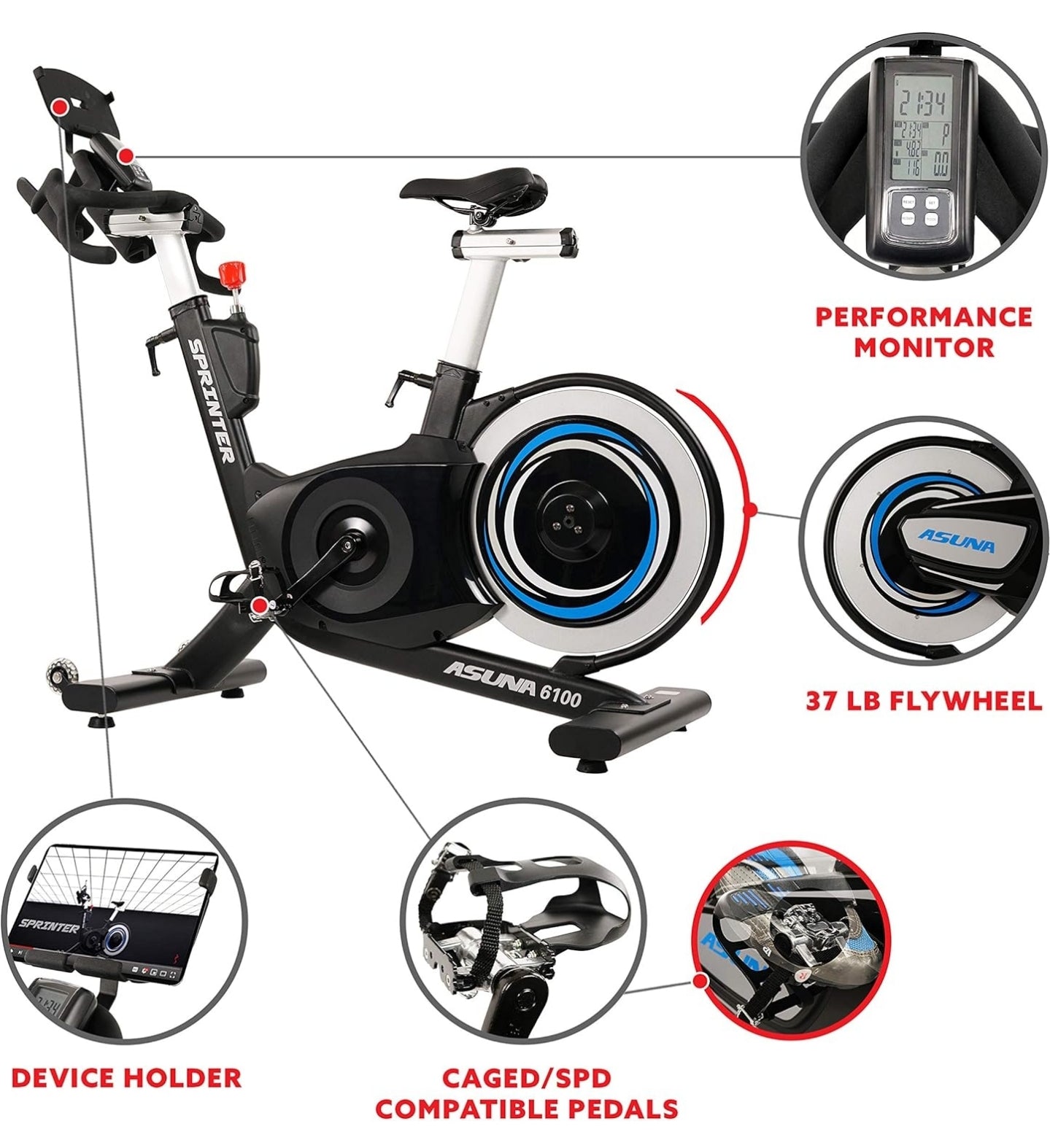 Sunny Health & Fitness ASUNA 6100 Sprinter Cycle Exercise Bike - Magnetic Resistance Belt Rear Drive, 350 lb Max Weight with RPM Cadence Sensor, Dual Foot Cage/Clipless (SPD) Pedals