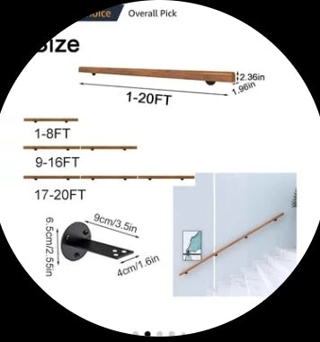 Wooden Stair Handrail, Single Piece Handrails, Complete Kit with Metal Bracket, Safety Anti