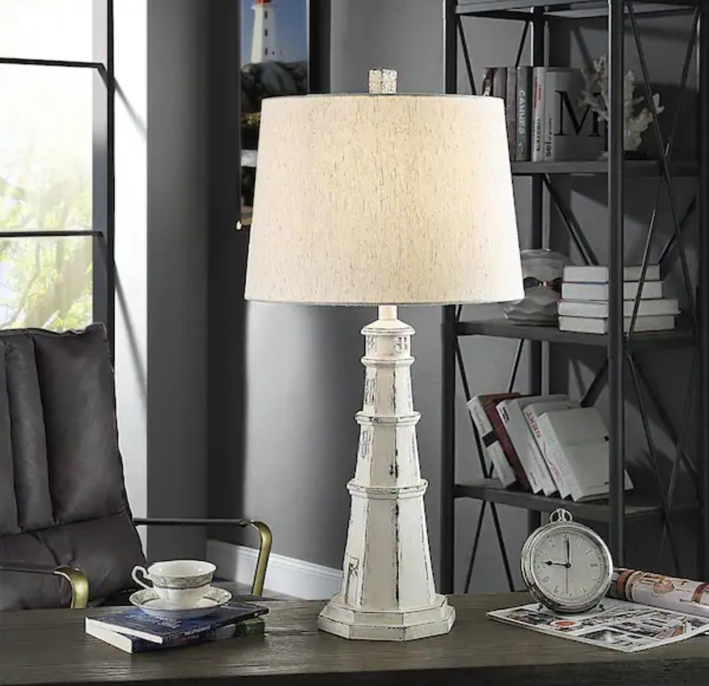 StyleCraft Berwyn 33 in. Distressed White Lighthouse Table Lamp 1I