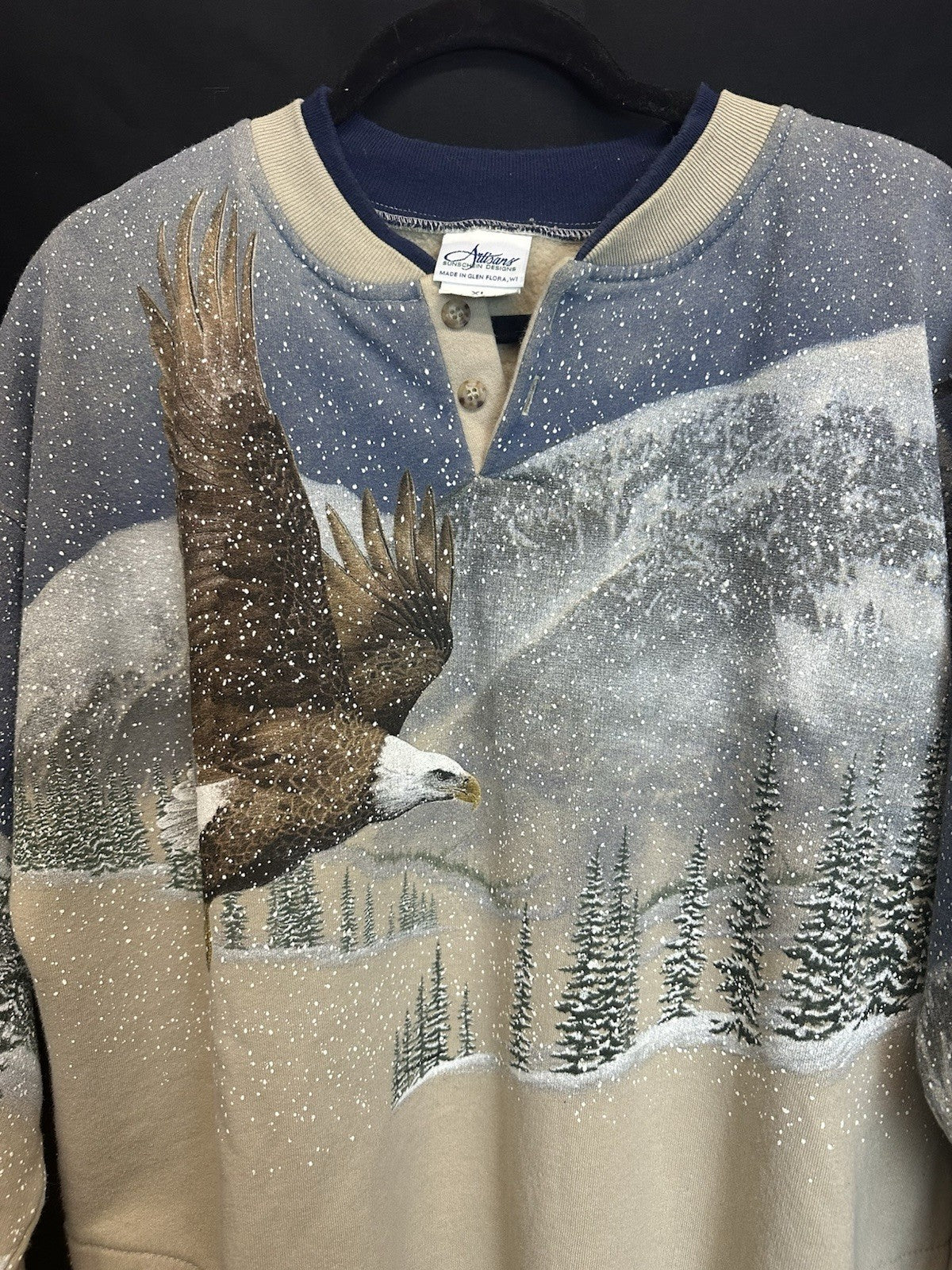 Vintage 90's Bald Eagle Nature Animal Art Henley Sweatshirt XL Made in USA (2)