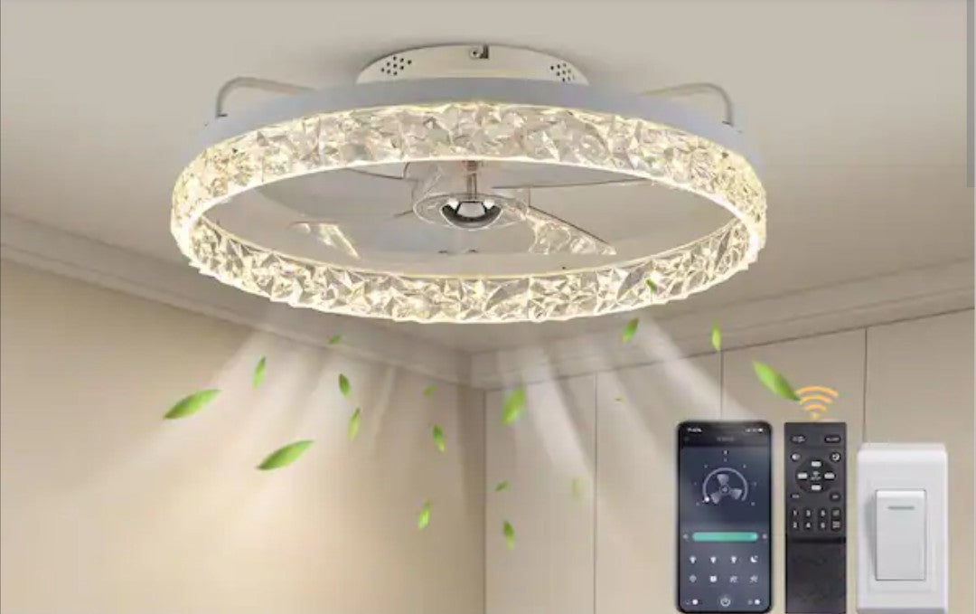 FANNEHONNE Lidia 19.68 in Indoor Modern White Crystal Flush Mount Ceiling Fan 