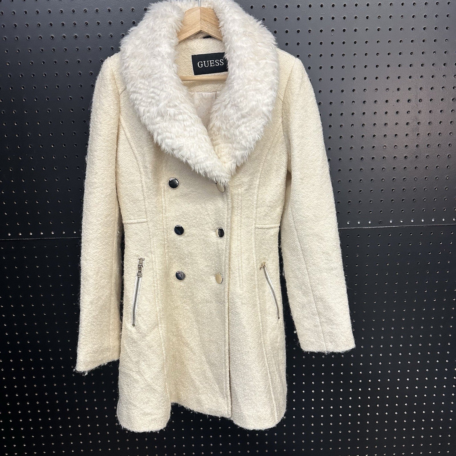 Women’s Small Guess Winter Cream Peacoat Faux Fur Shawl Collar Double Breasted