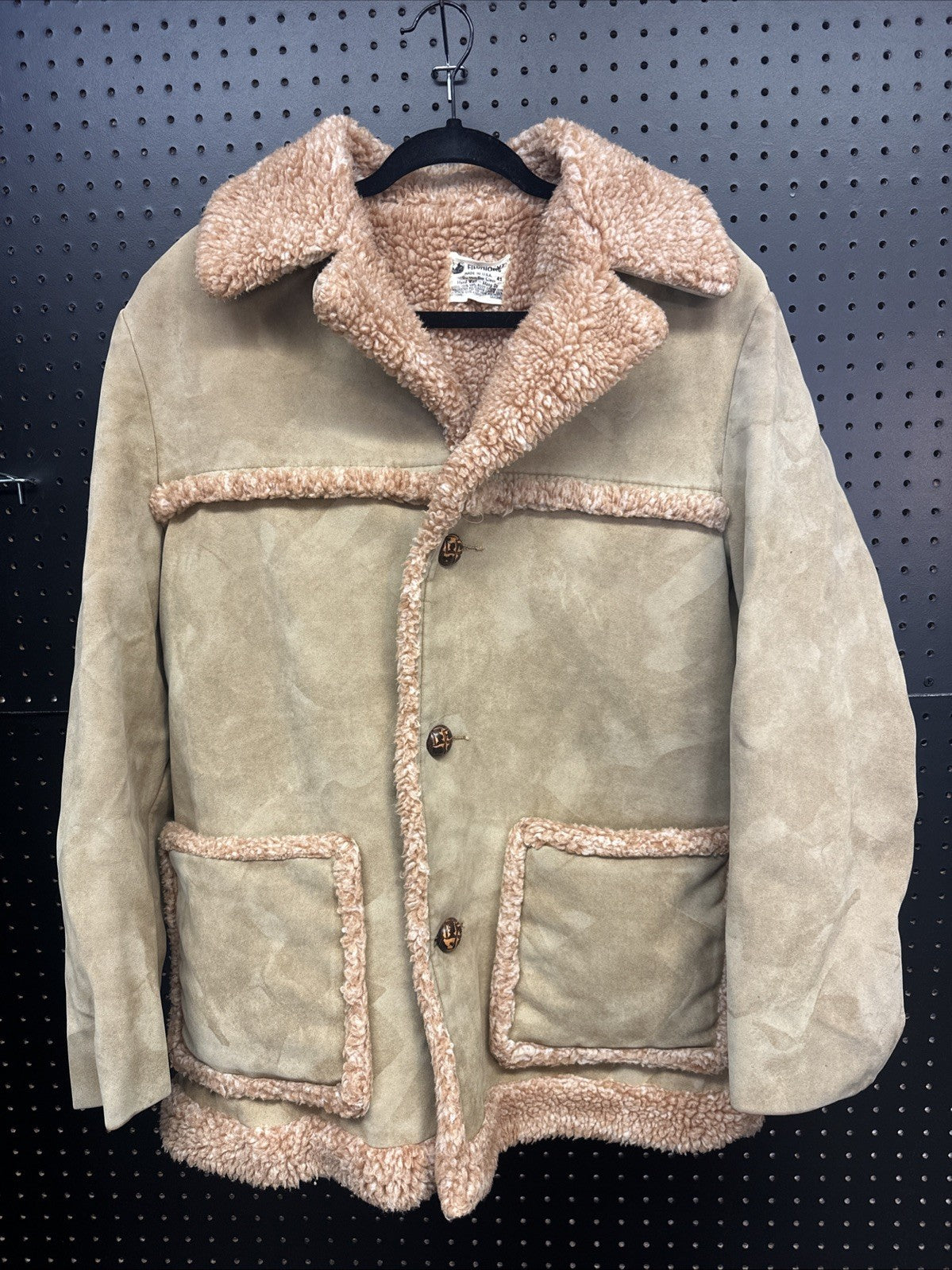 Vintage unisex 70s Faux Suede Coat Jacket Brown Sherpa Lined Buttons Pockets 42