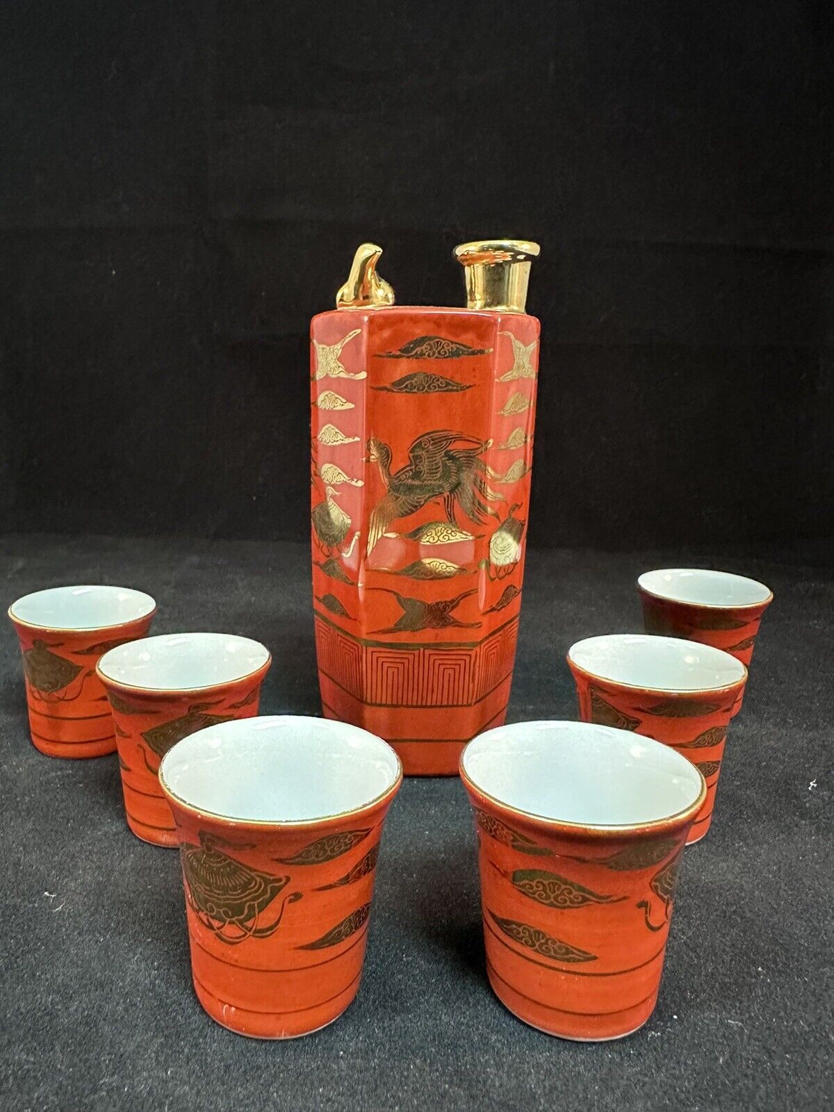 Japanese Gekkeikan Sake Co Ltd Anniversary Set 1950's Cinnabar Red & Gold Glaze