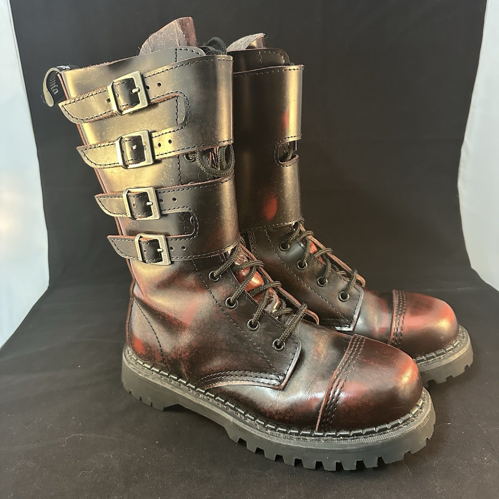 DEMONIA COMBAT TALL LACE-UP BUCKLE DISTRESSED DARK RED BOOTS SZ 9