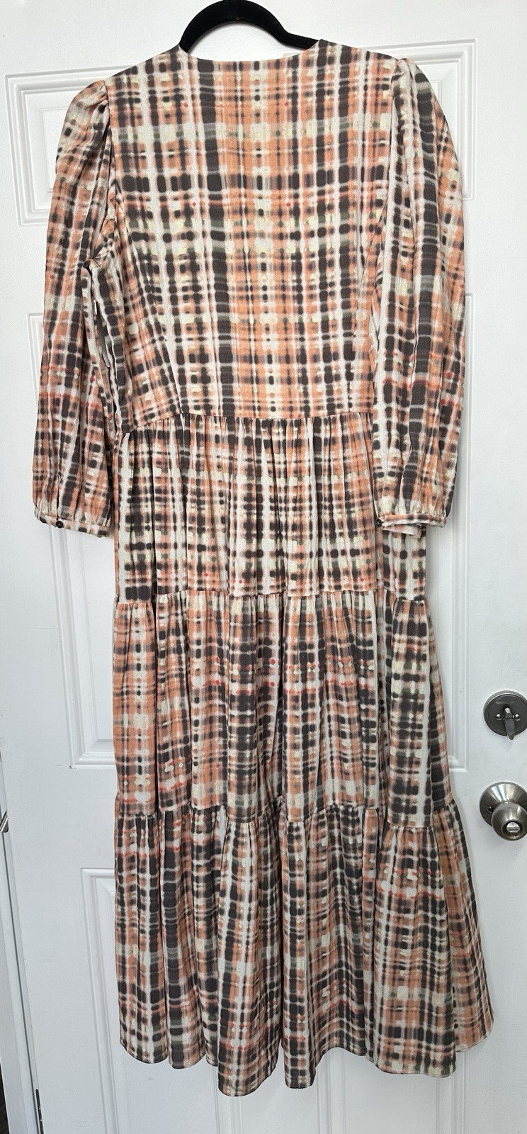 Joie Dress Womens 10 Tobey Espresso Multi  Midi Maxi V Neck Cotton 3/4 Sleeve