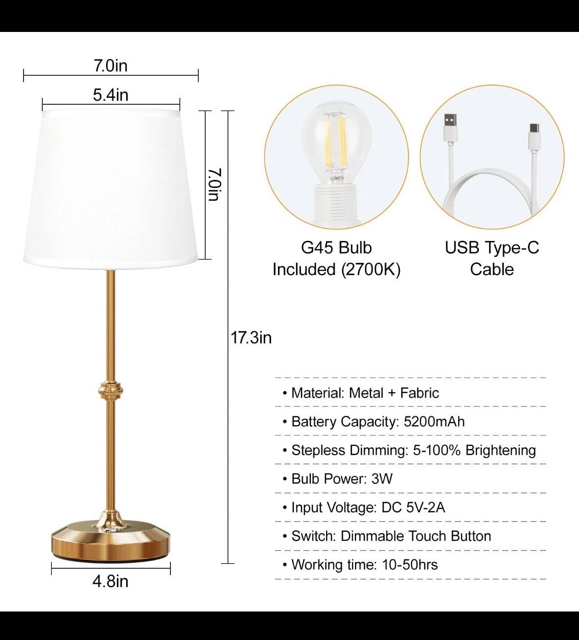 Portable Cordless Table Lamp, Rechargeable 5200mAh Battery Operated Lamp (13c)
