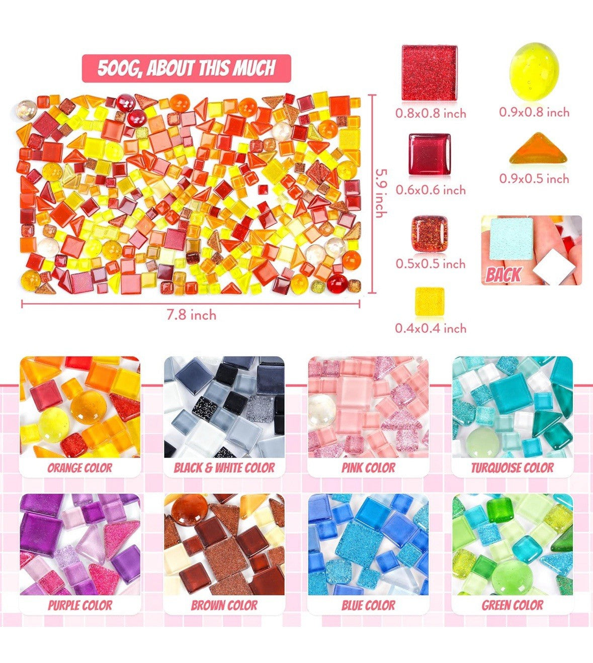 Glass Mosaic Tiles Pre-Cut Waterproof Orange 300 Pieces DIY Crafts (7c)