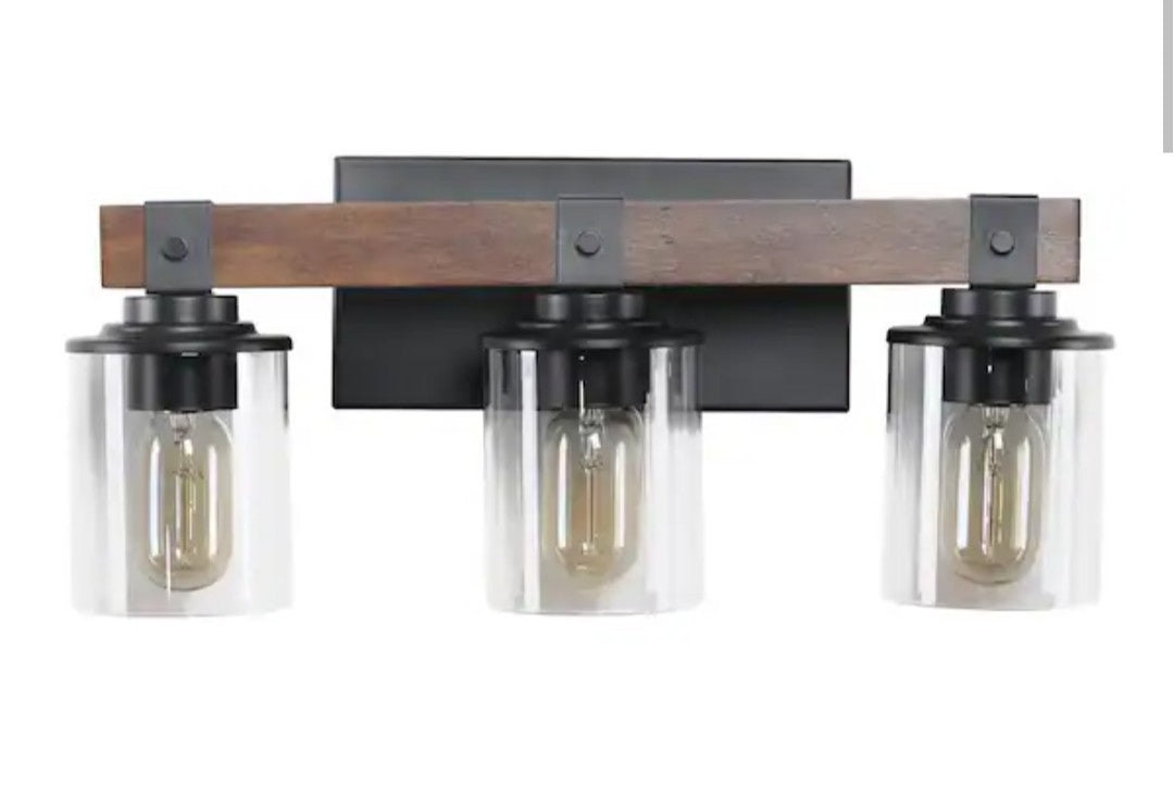 Farmhouse 18.5 in. Walnut and Black Bathroom Vanity Light with Glass Shade 14D