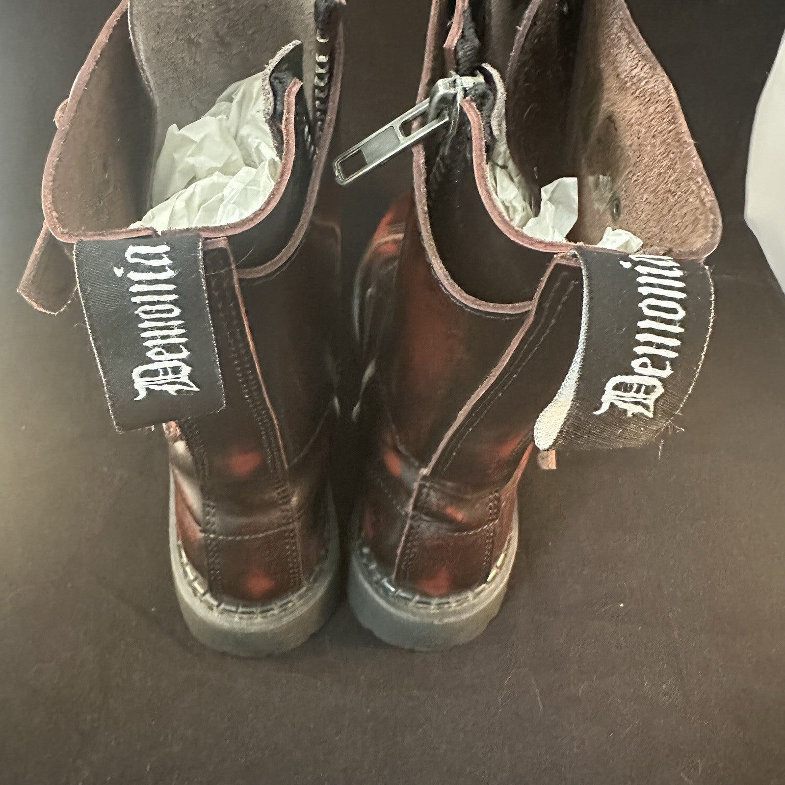 DEMONIA COMBAT TALL LACE-UP BUCKLE DISTRESSED DARK RED BOOTS SZ 9