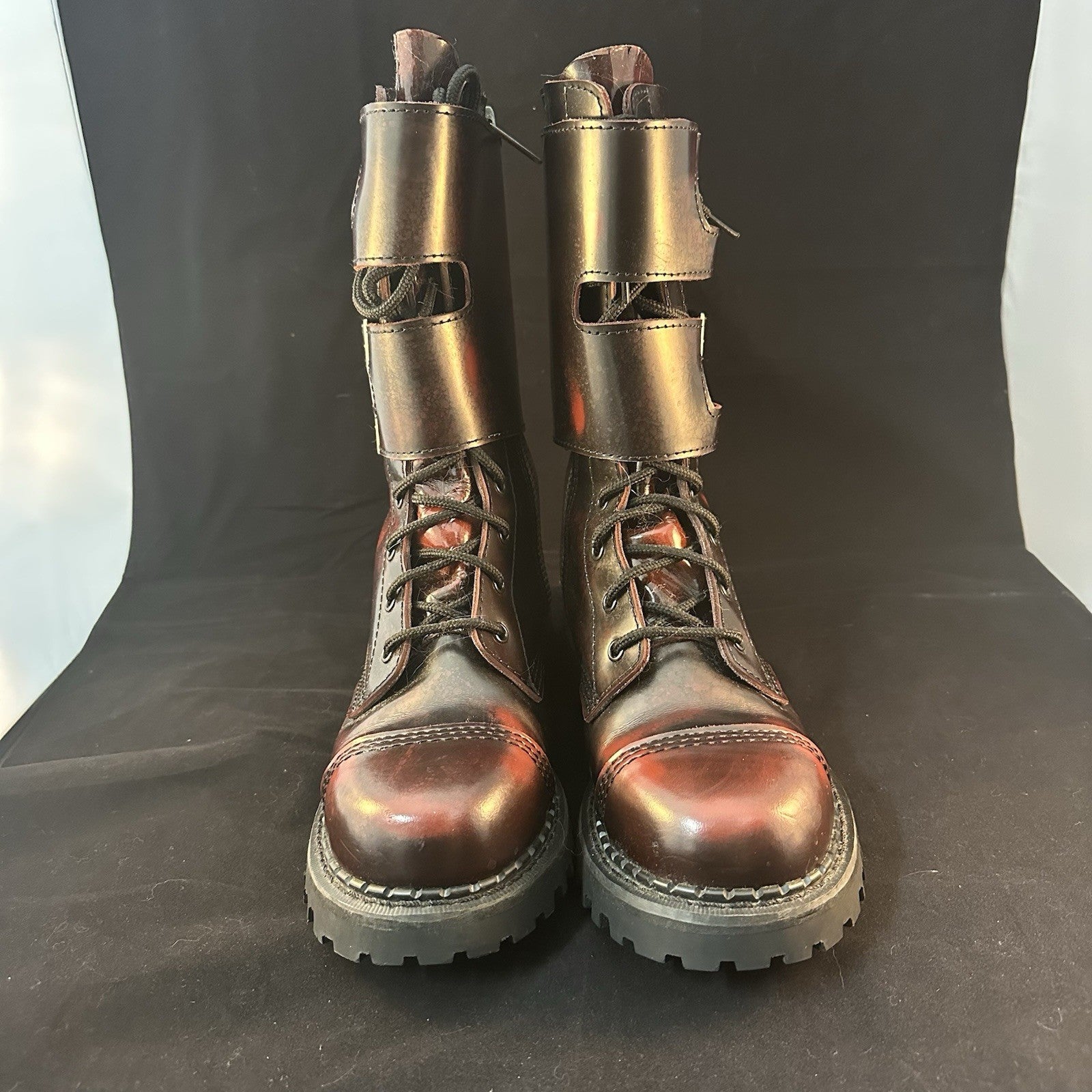 DEMONIA COMBAT TALL LACE-UP BUCKLE DISTRESSED DARK RED BOOTS SZ 9