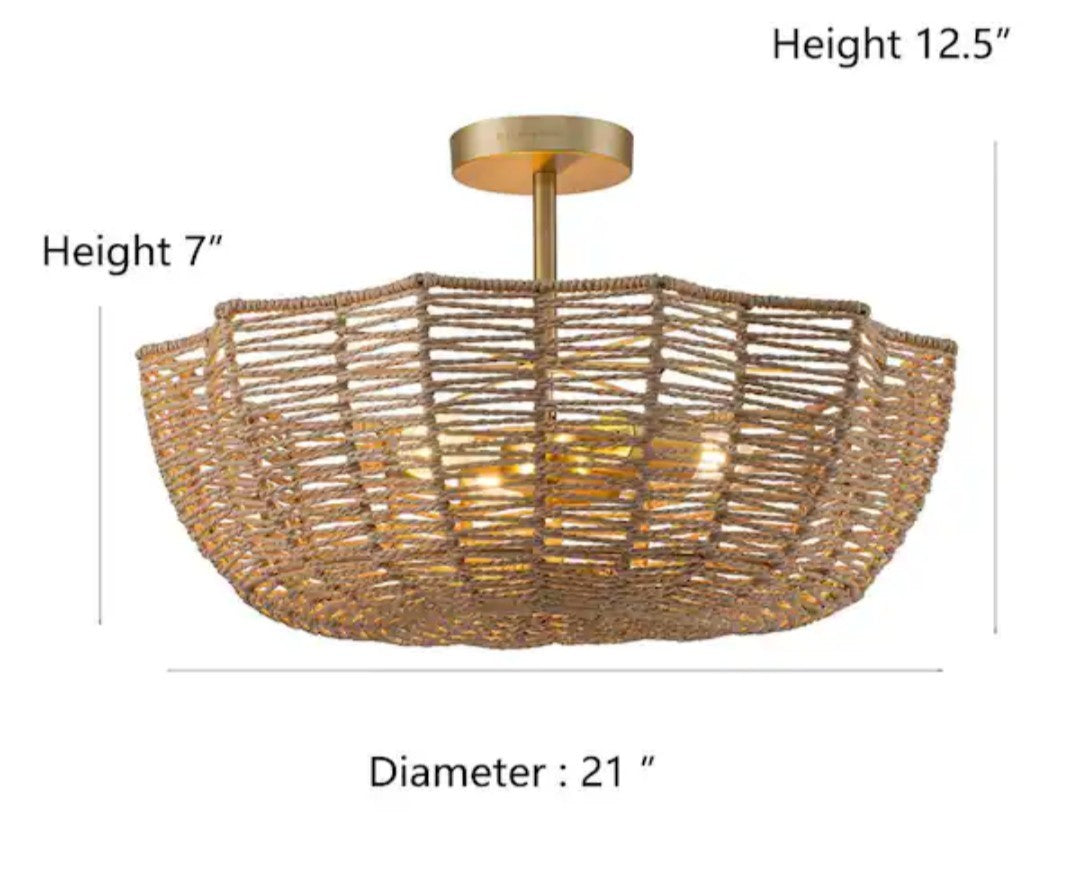 ELE Light & Decor Marigold 3-Light 21 in. Woven Semi-Flush Ceiling Light 16A