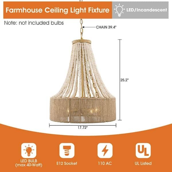 Farmhouse 17.7 in. 4-Light Antique Wood Beaded Chandelier W/ Jute Rope Shade 13A