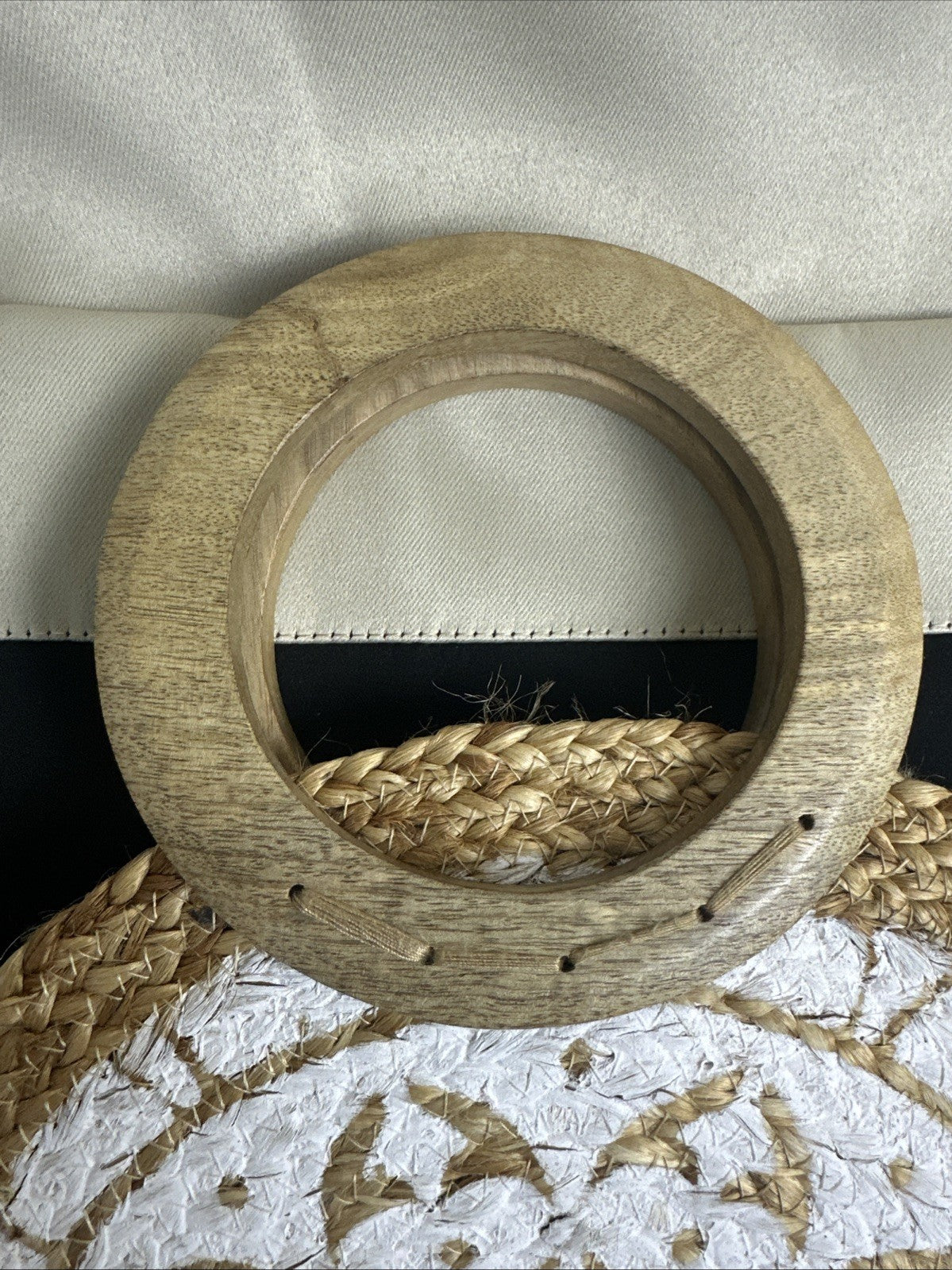 Chloe & Lex Round Woven Bag Wooden Handle White Pattern