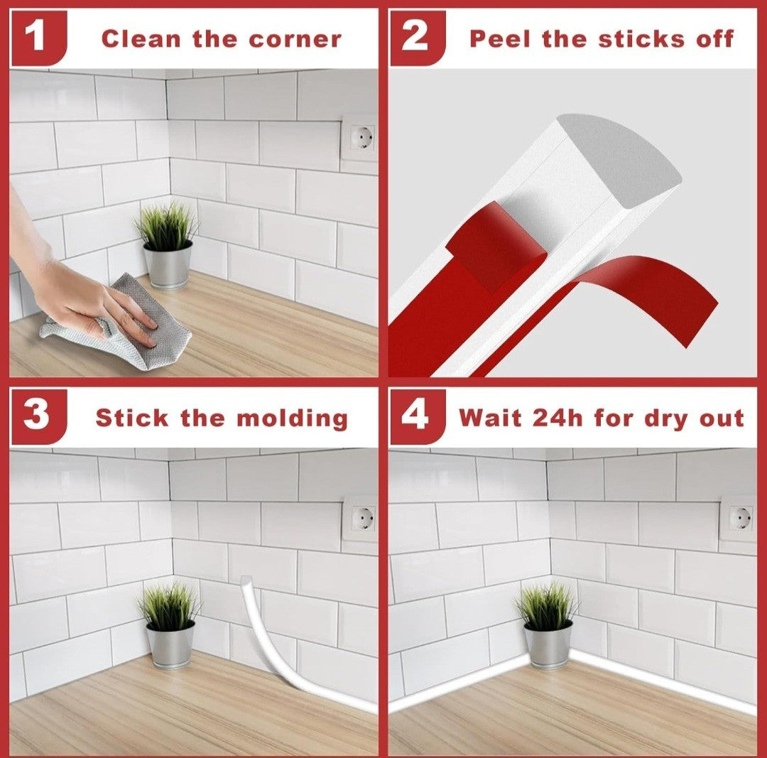 118” Flexible Quarter Round Molding Trim Peel & Stick Self Adhesive Wall Edge 2b