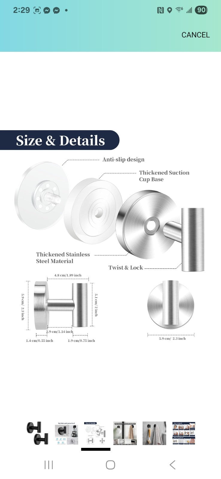 Suction Cup Hooks for Shower, 2 Pack Towel Hook for Bathroom Wall 7C