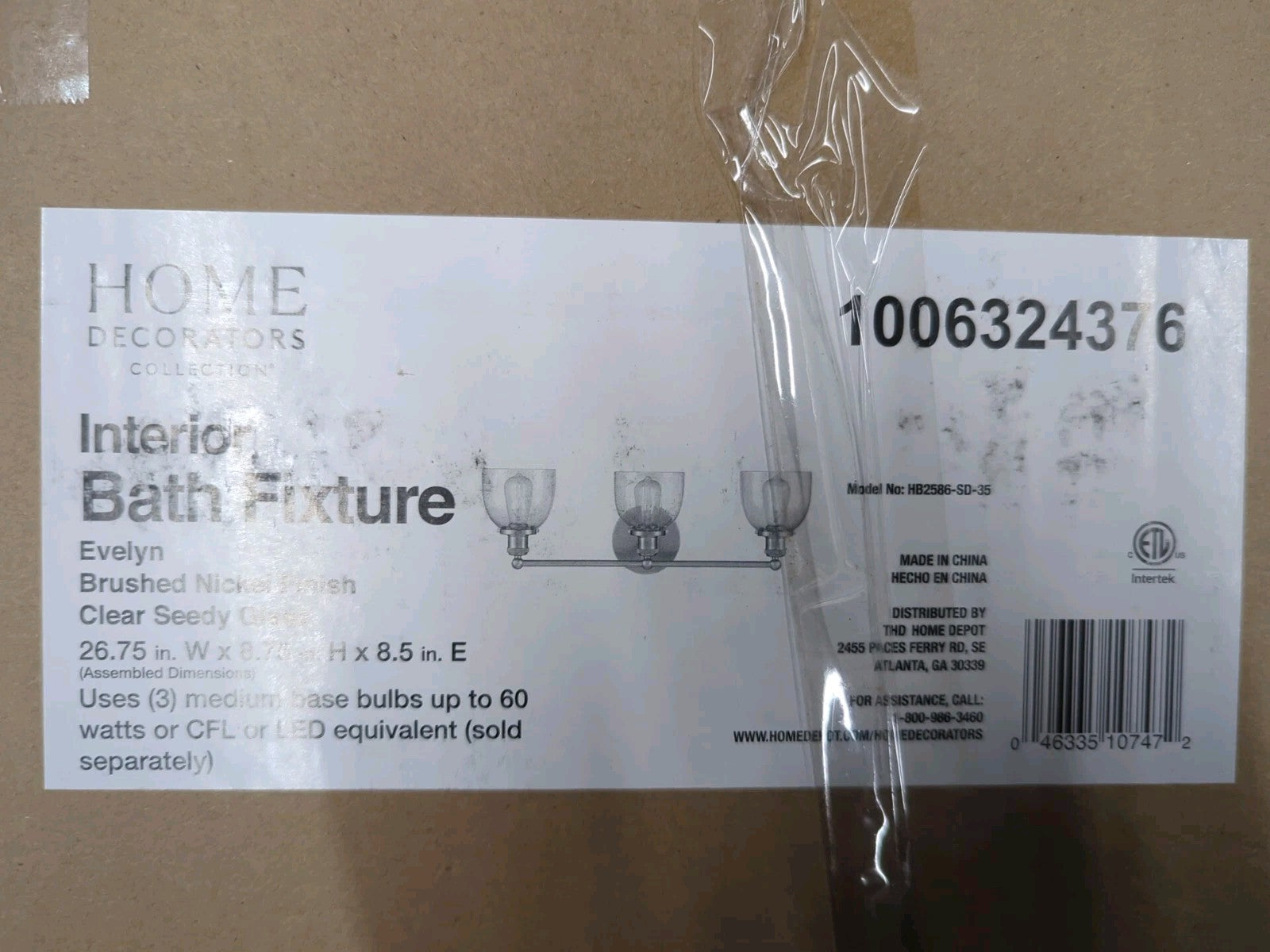 Home Decorators Collection Evelyn 26.75 in. 3-Light  with Clear Glass Shades 18B