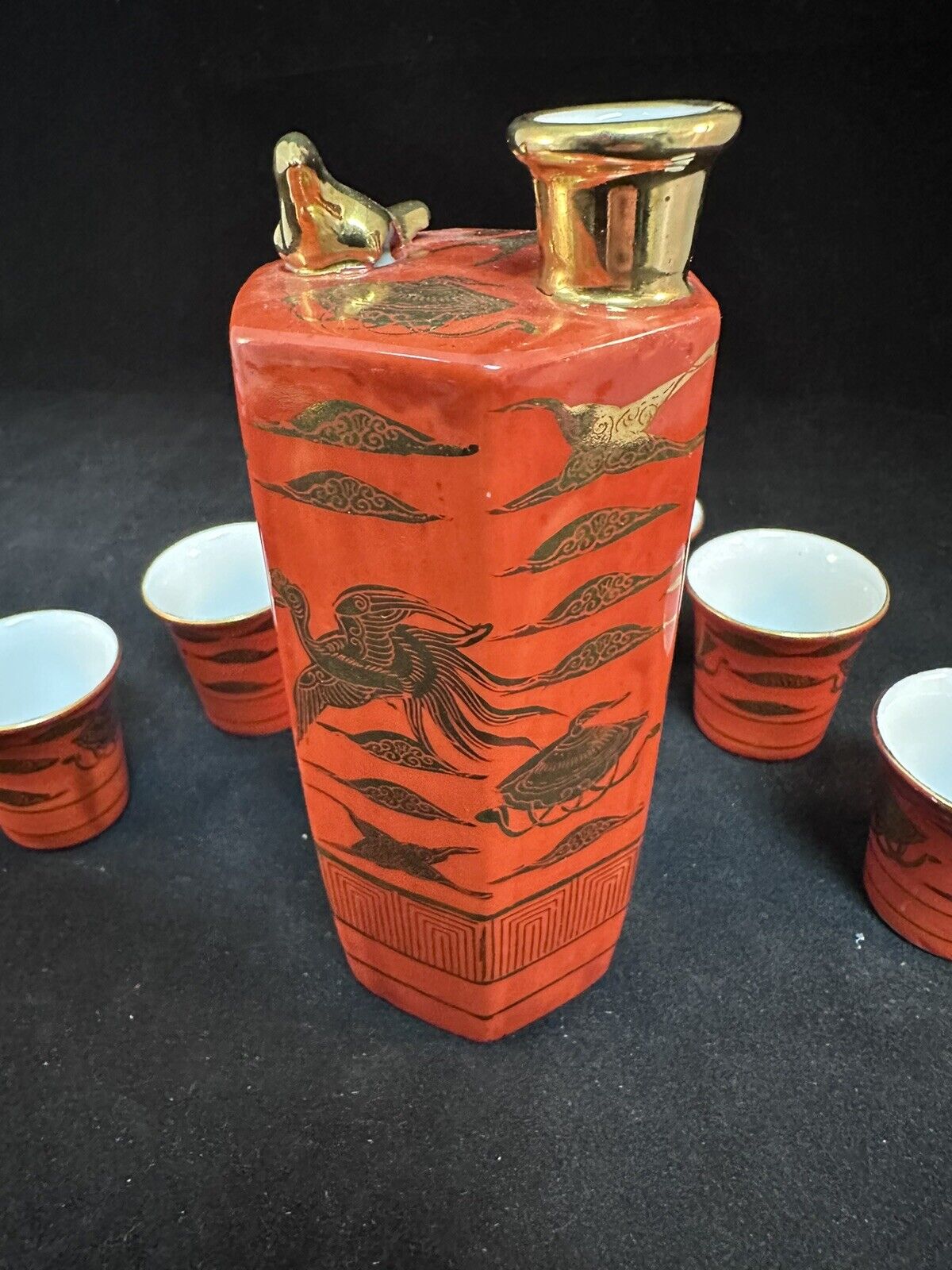 Japanese Gekkeikan Sake Co Ltd Anniversary Set 1950's Cinnabar Red & Gold Glaze