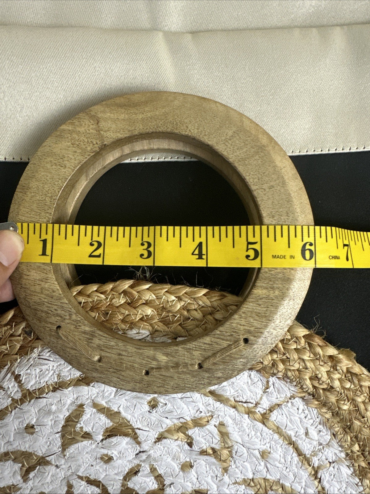 Chloe & Lex Round Woven Bag Wooden Handle White Pattern