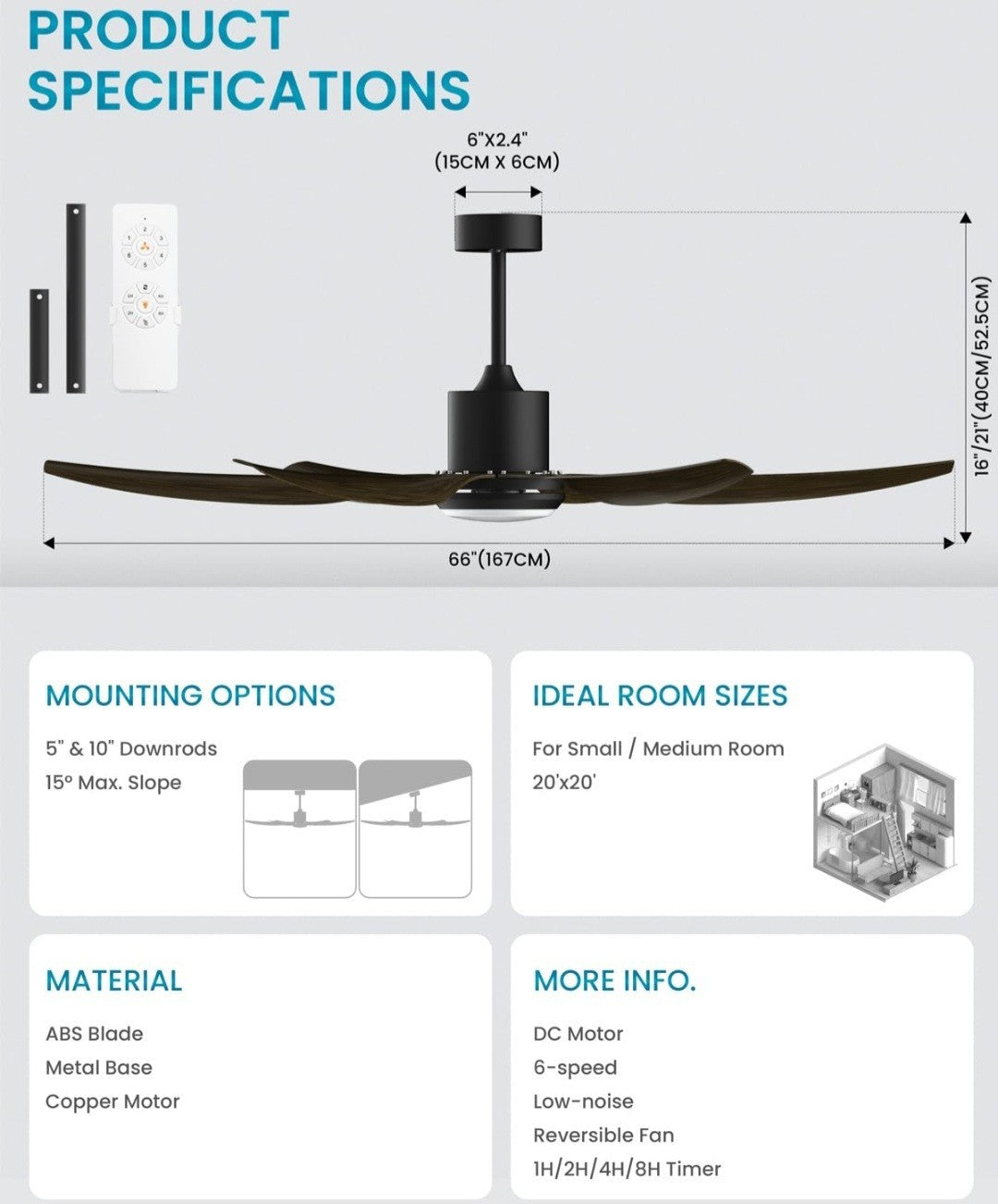 Industrial 66" Large Ceiling Fan with Light & Remote Control 17C
