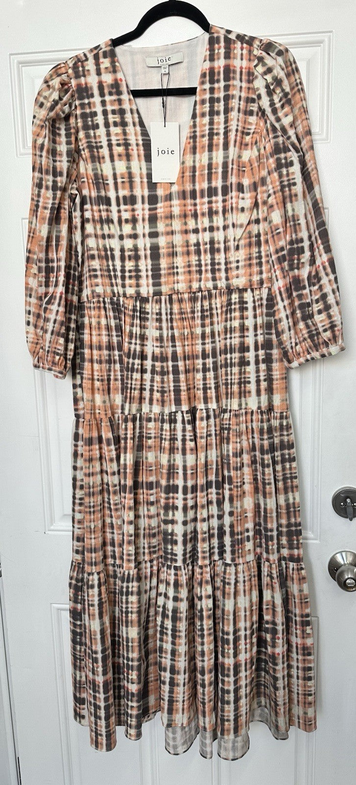 Joie Dress Womens 10 Tobey Espresso Multi  Midi Maxi V Neck Cotton 3/4 Sleeve