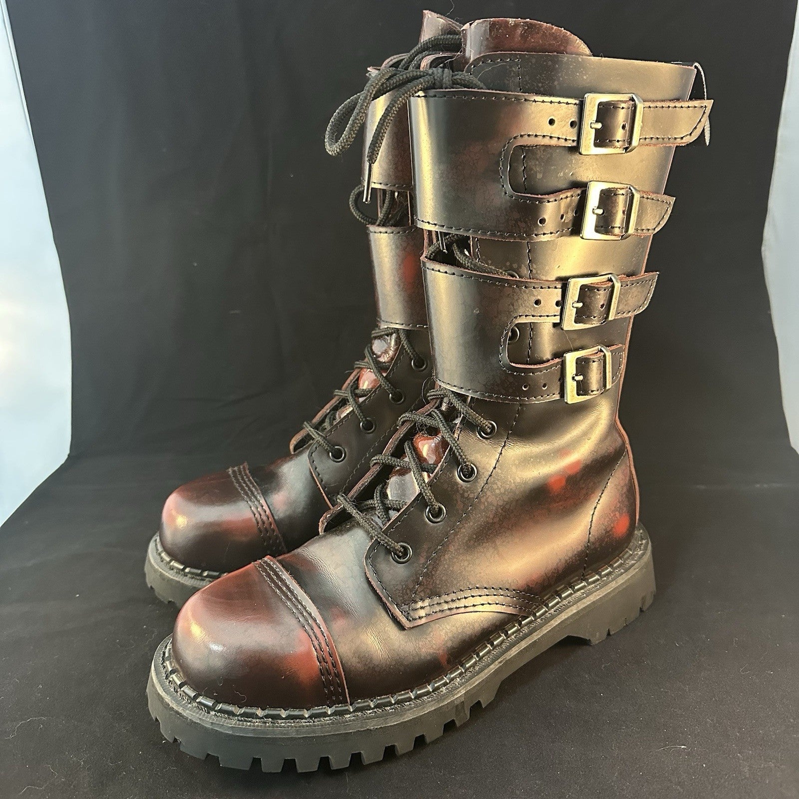 DEMONIA COMBAT TALL LACE-UP BUCKLE DISTRESSED DARK RED BOOTS SZ 9