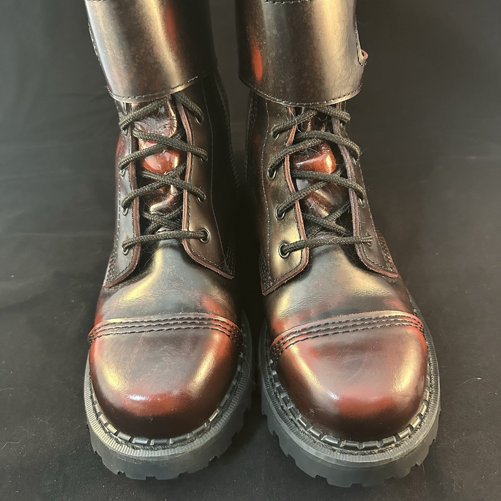 DEMONIA COMBAT TALL LACE-UP BUCKLE DISTRESSED DARK RED BOOTS SZ 9