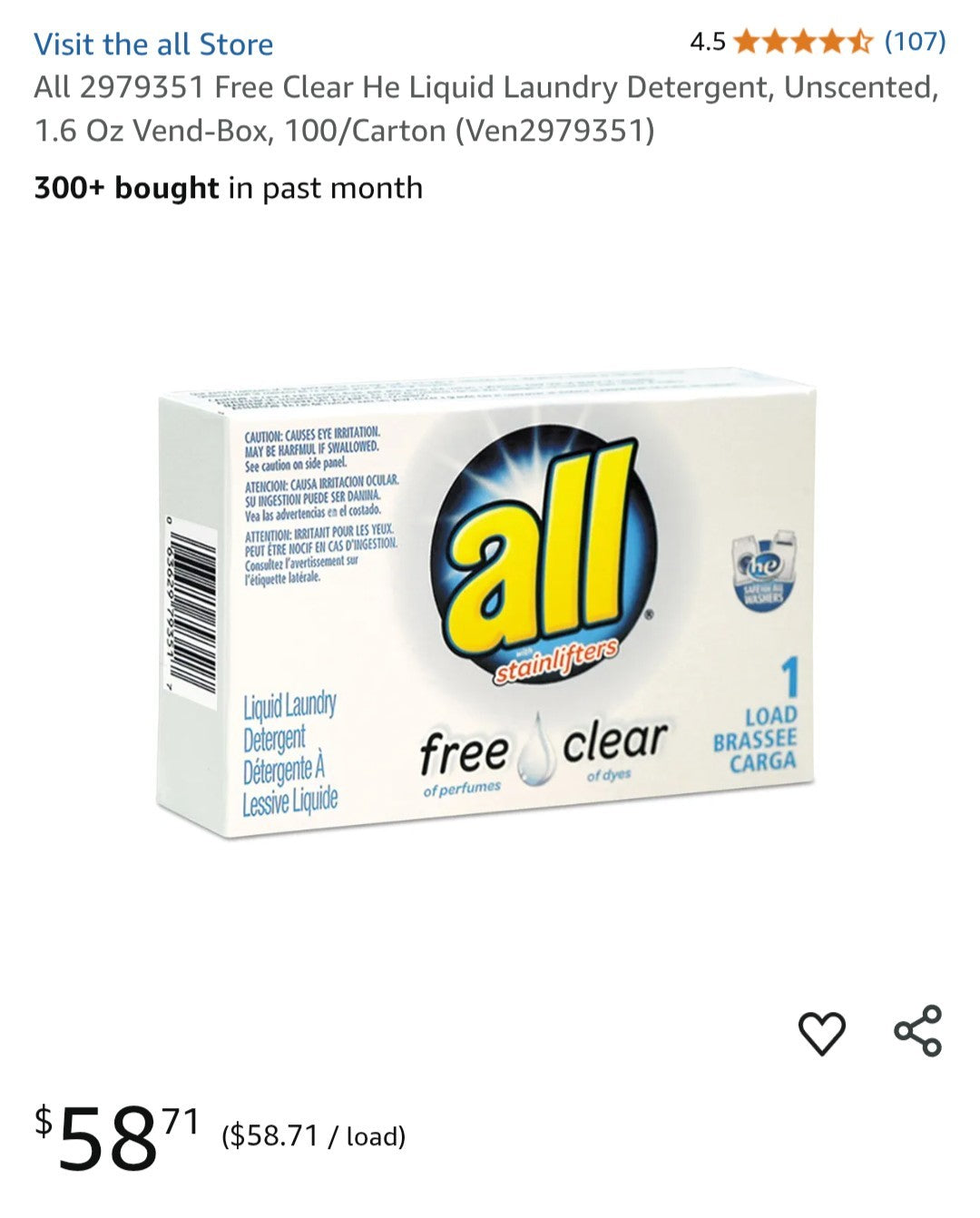 (100 Pack) All Free Clear HE Liquid Laundry Detergent Unscented 1.6 oz 6E