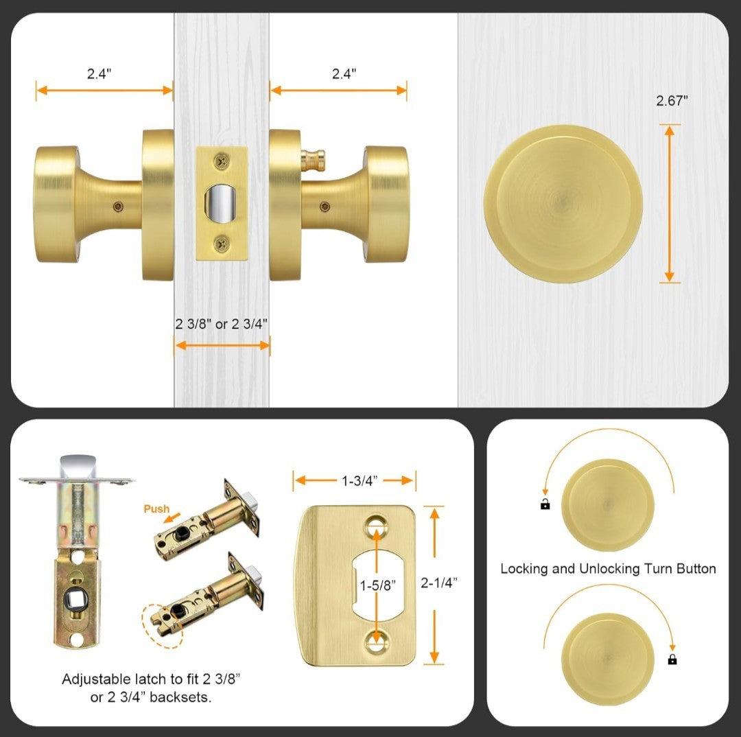 4 Pack Gold Door Knobs, Round Ball, Brushed Gold, Privacy Knobs 14E