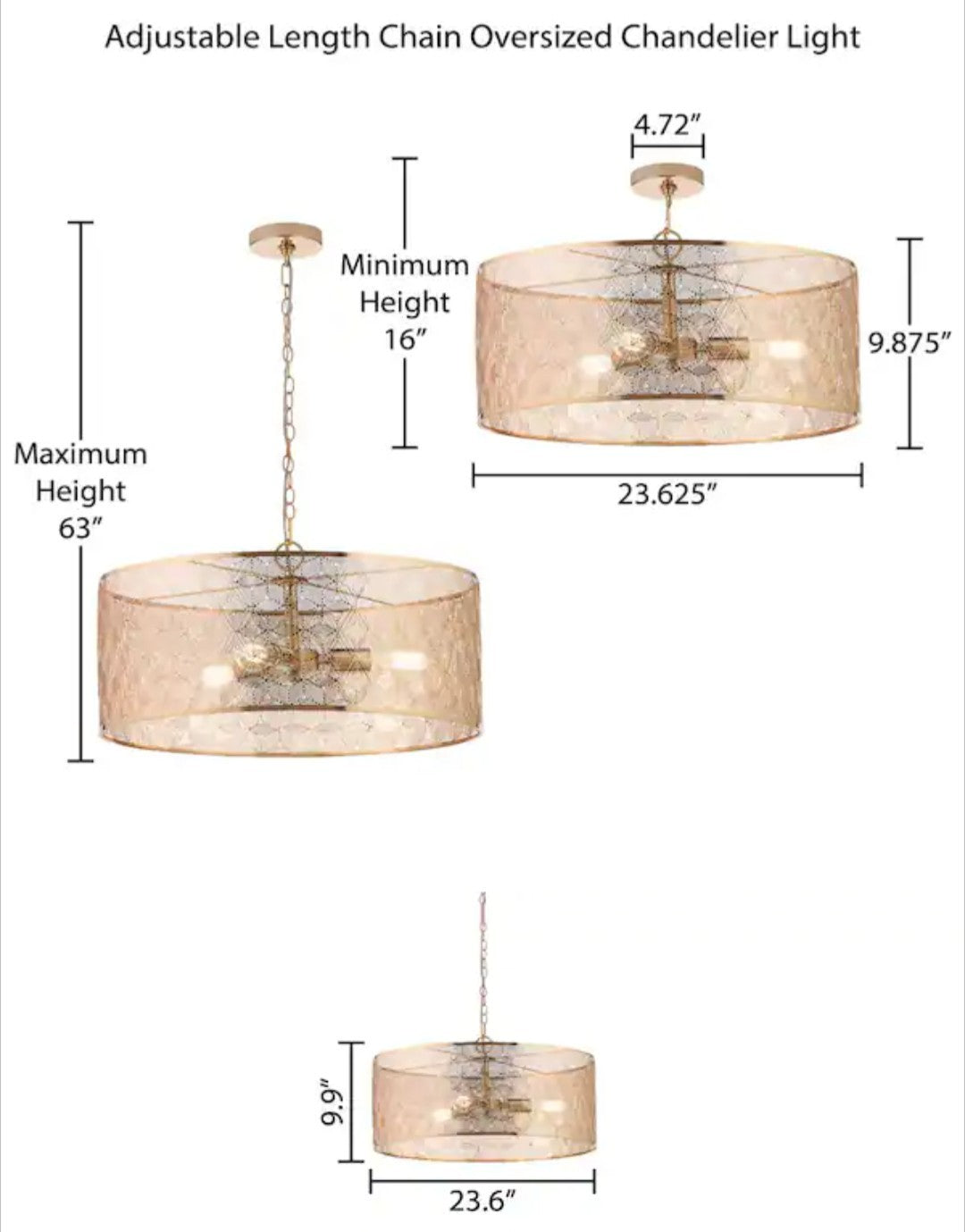 Juliet 3-Light Gold Metal Drum-Shade Hanging Chandelier 16C