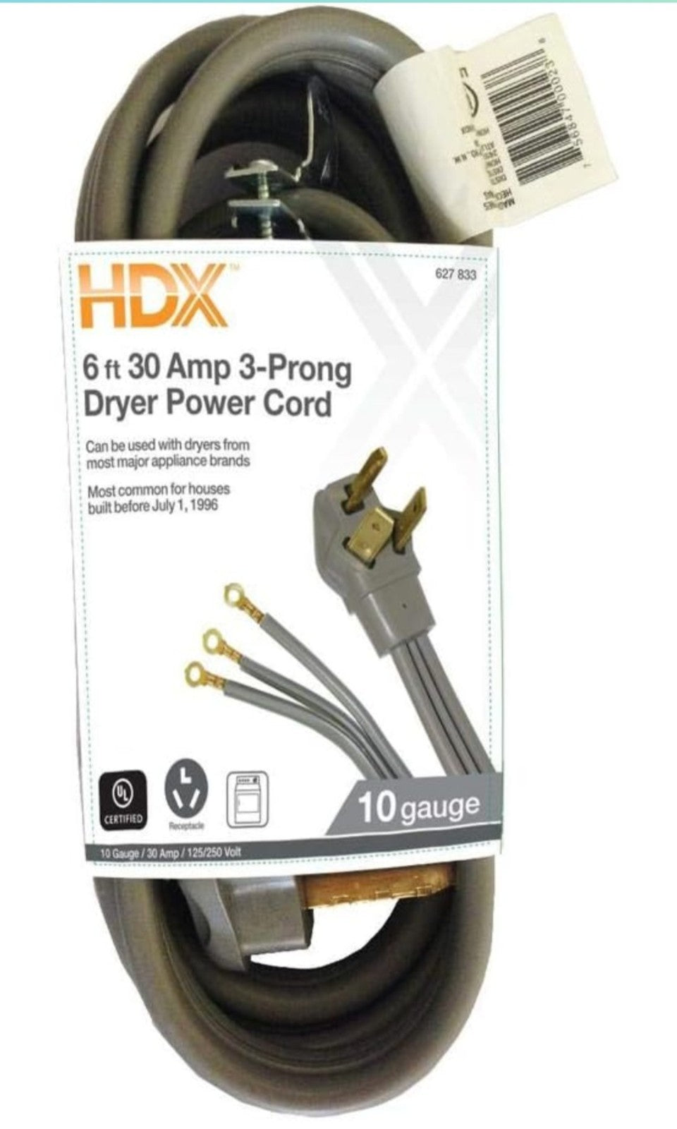Clothes Dryer Power Cord 30A 6ft 10/3 Gauge Heavy Duty 3-Prong Wire 12-B