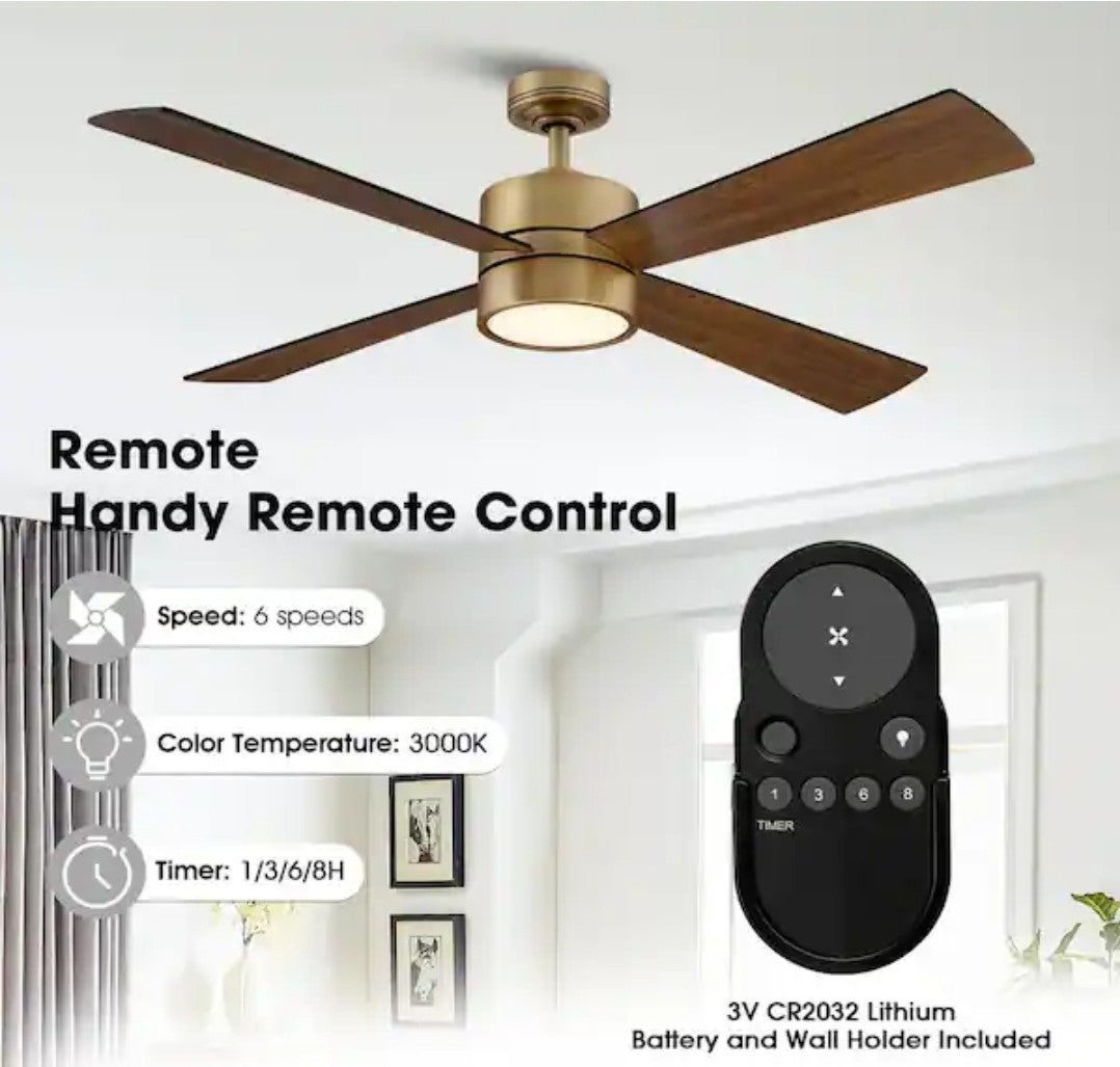 IHOMEadore 52" LED Indoor Natural Brass Ceiling Fan with Light & Remote 19A