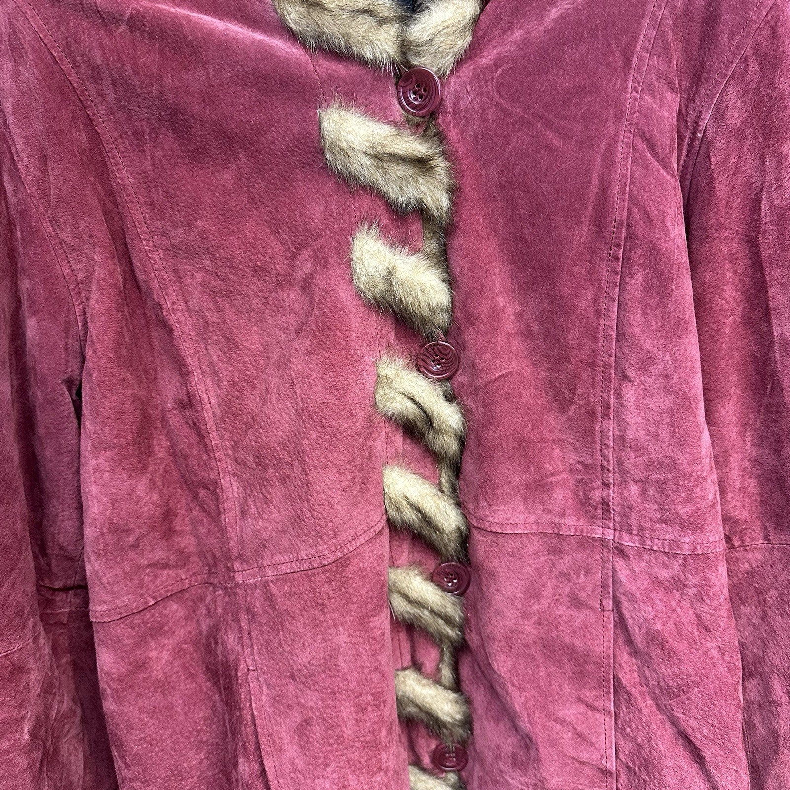 Vintage Dennis Basso Women's Burgundy Suede Leather Faux Fur Lined Coat Medium