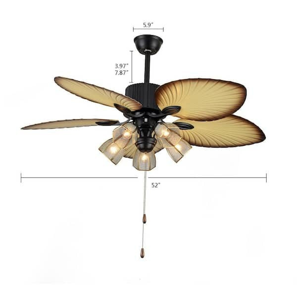 52 in. 5-Light Black Indoor Tropical Style Ceiling Fan with Remote Control 15D