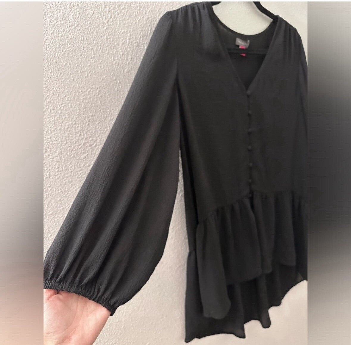 Vince Camuto Black Button Up Loose Blouse Size Small 3/4 Sleeve Sheer 5.5