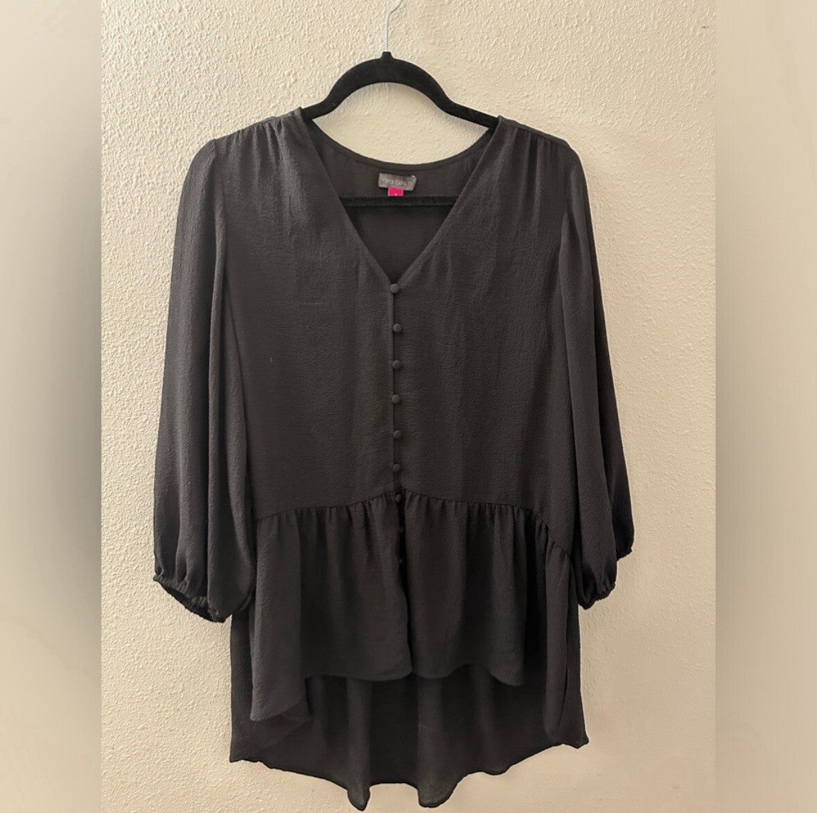 Vince Camuto Black Button Up Loose Blouse Size Small 3/4 Sleeve Sheer 5.5