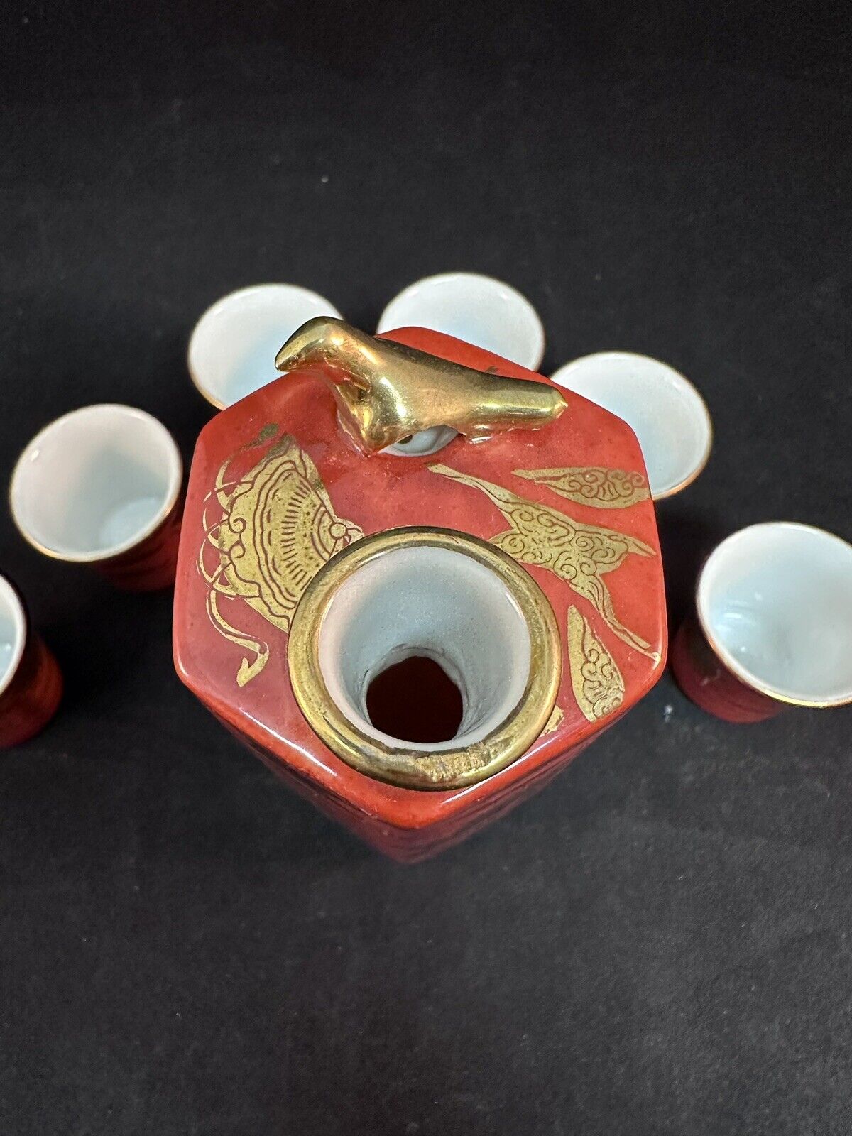 Japanese Gekkeikan Sake Co Ltd Anniversary Set 1950's Cinnabar Red & Gold Glaze