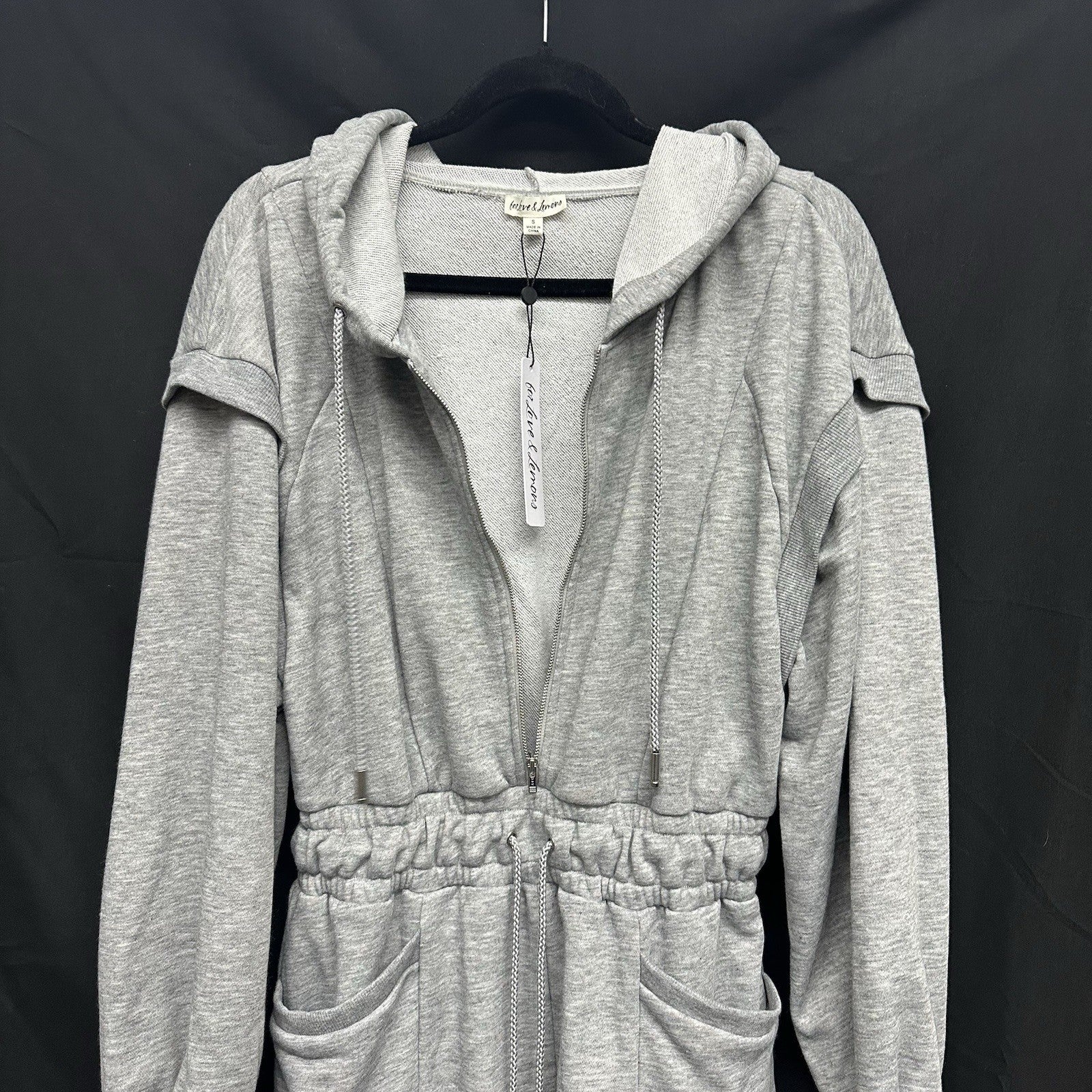 For Love & Lemons Small Gray Jumpsuit Shorts Long Sleeve Pockets Hoodie Zip 0083