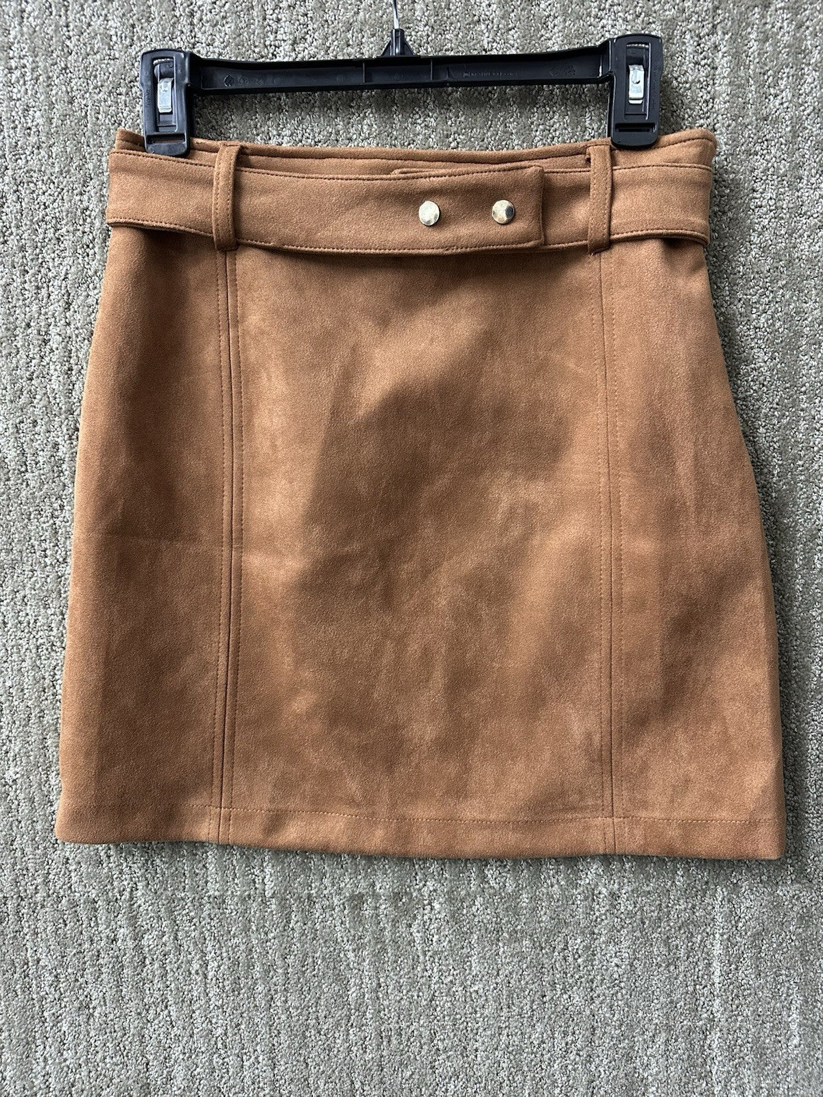 Haute Monde Womens Brown Flat Front Stretch Faux Suede Belted Mini Skirt Med
