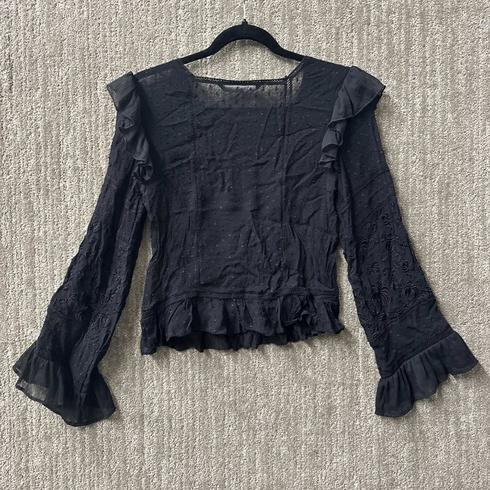 ZARA Women Black Ruffled Long Sleeve Boho Lace Sheer Top Size Extra Small (0076)