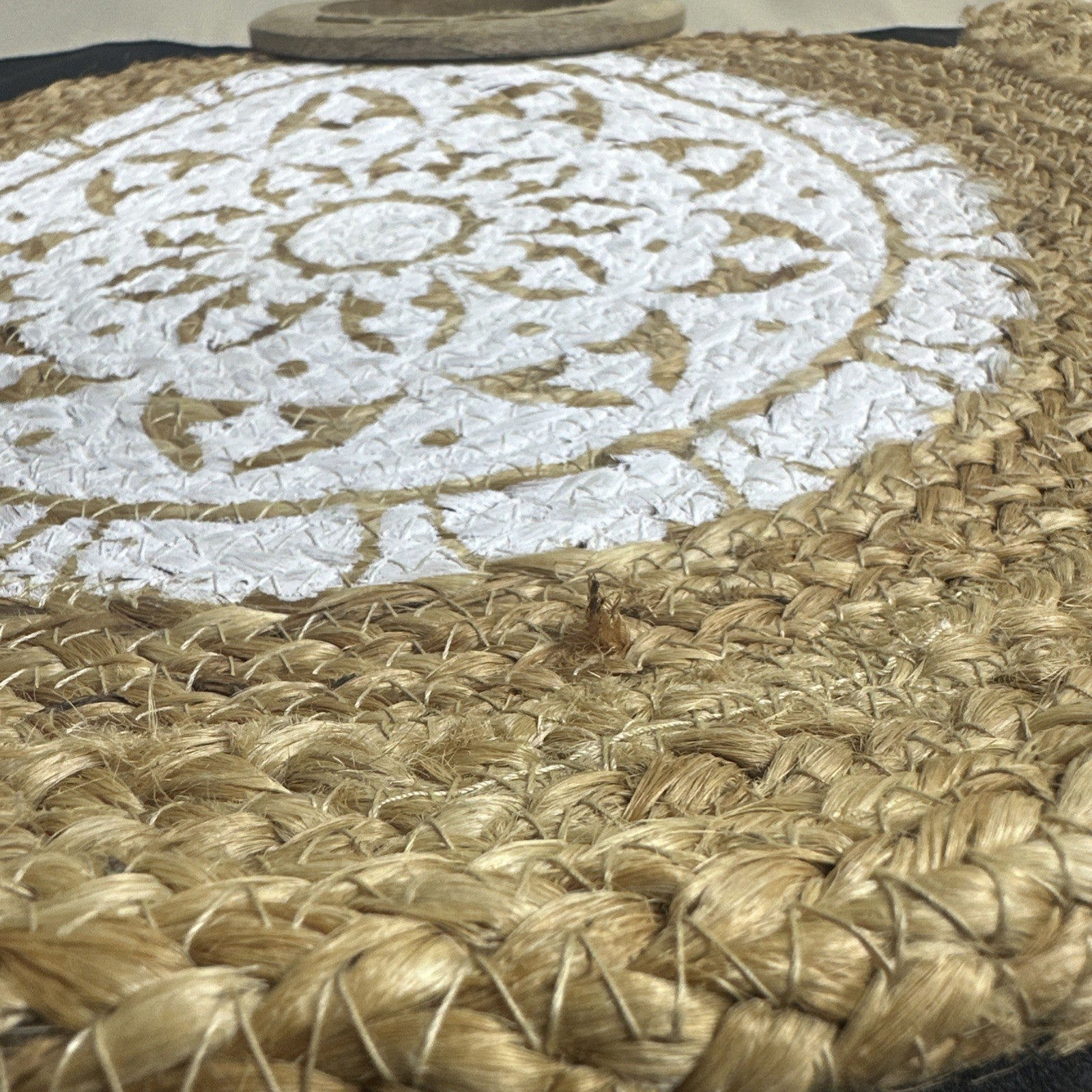 Chloe & Lex Round Woven Bag Wooden Handle White Pattern