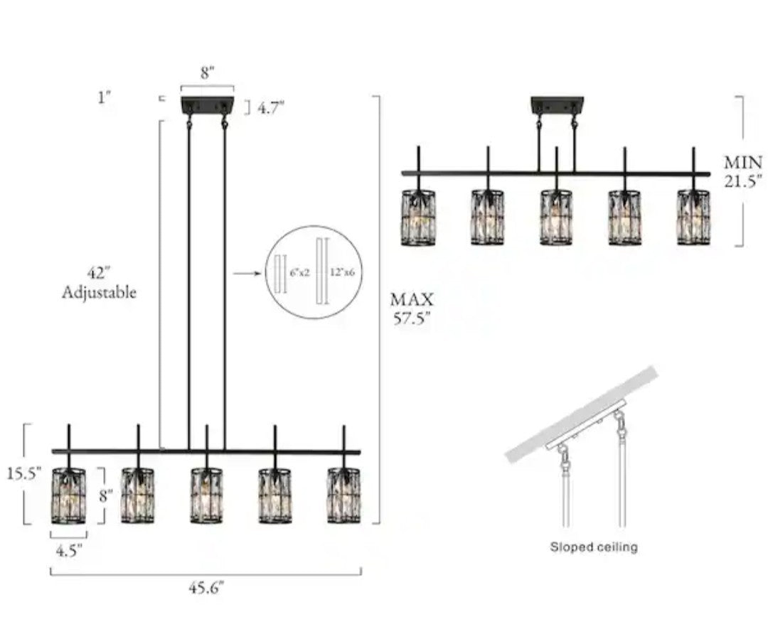 LNC Modern 45.3 in 5 Light Black Linear Chandelier, Glam Crystal Glass 18C