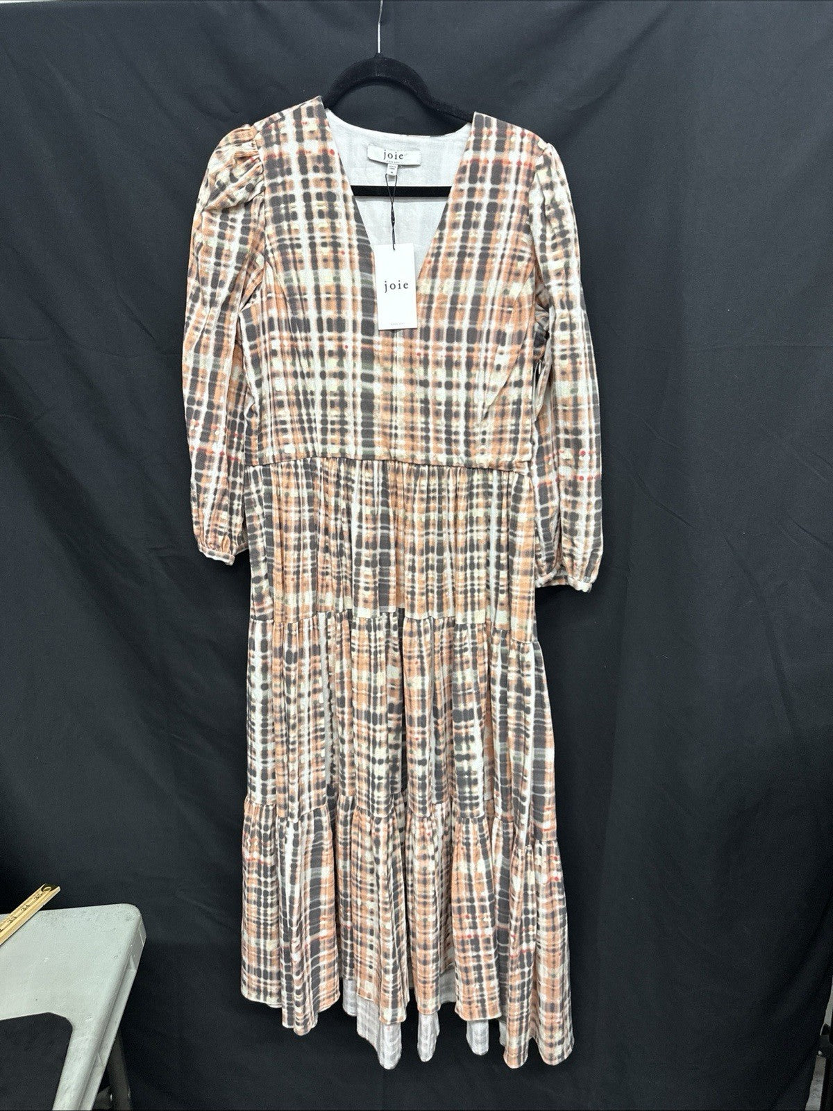 Joie Dress Womens 10 Tobey Espresso Multi  Midi Maxi V Neck Cotton 3/4 Sleeve