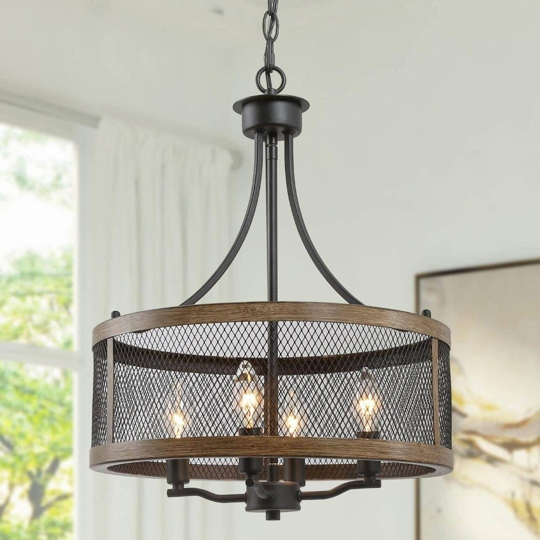LNC Farmhouse Chandelier, 4-Light Rustic Drum Pendant Lights, 16’’ 17A