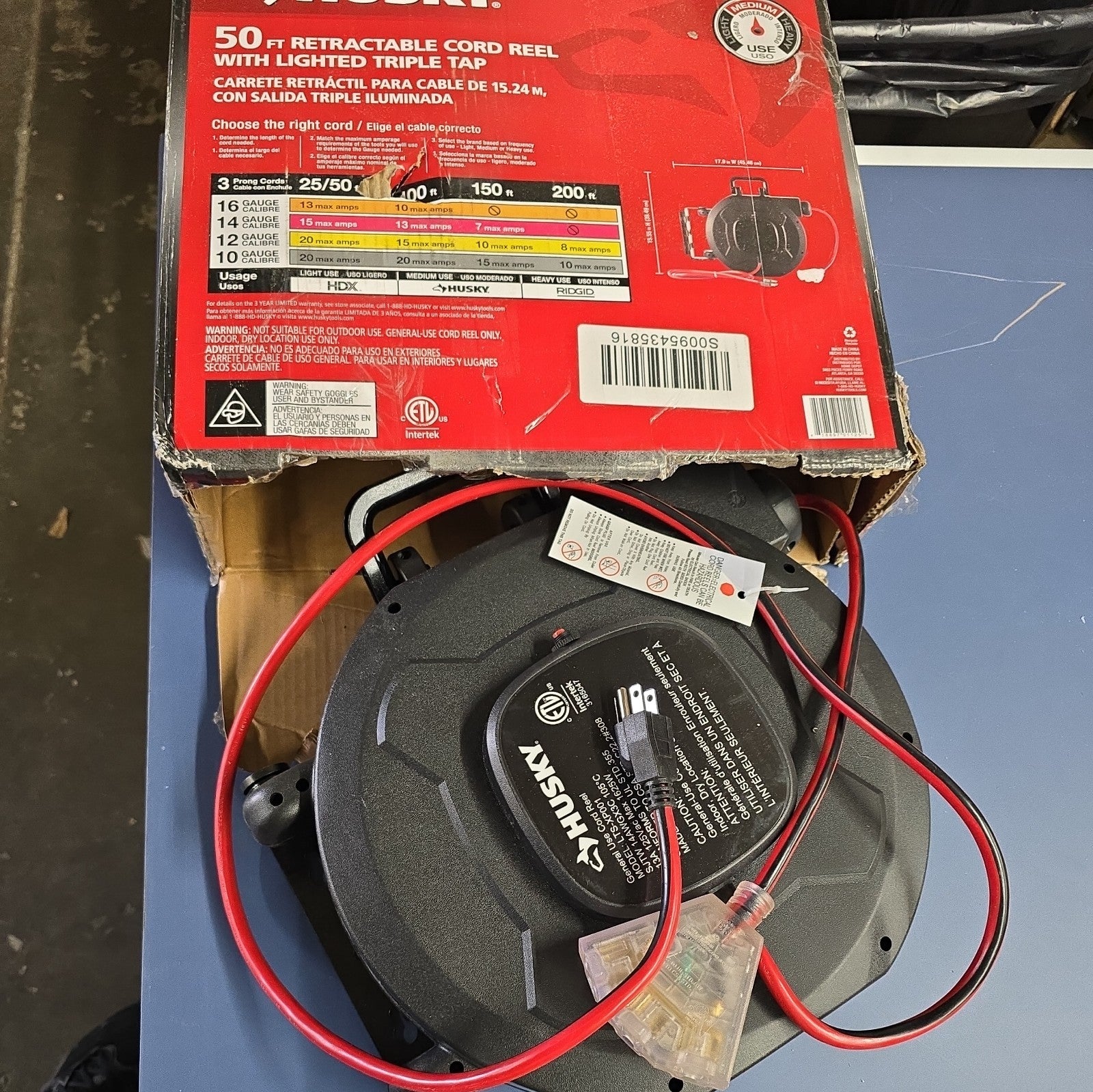 Husky 50 ft 14/3 13-Amps Indoor Extension Cord Reel Outlet Triple Tap End, 13B