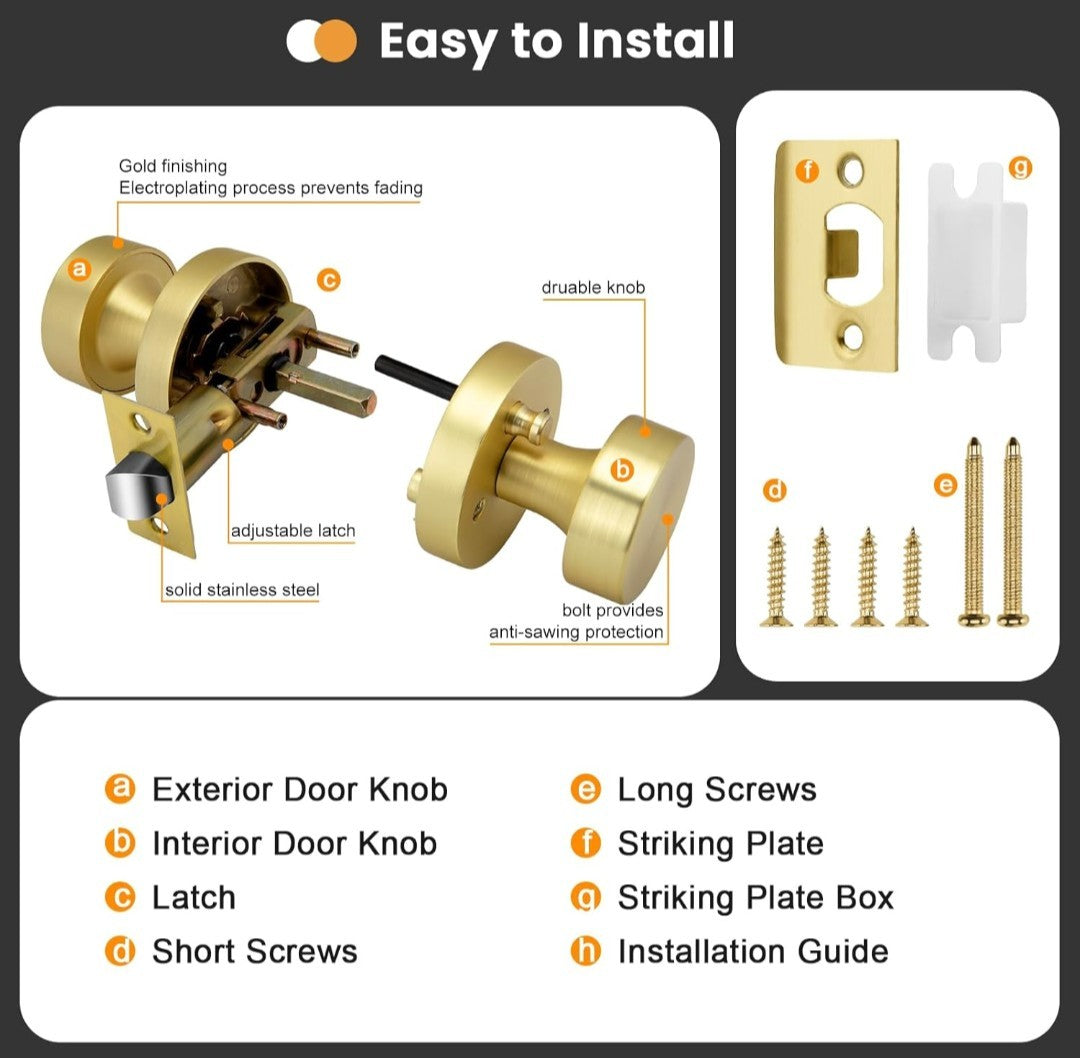 4 Pack Gold Door Knobs, Round Ball, Brushed Gold, Privacy Knobs 14E
