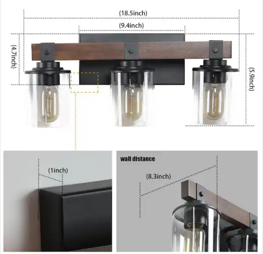 Farmhouse 18.5 in. Walnut and Black Bathroom Vanity Light with Glass Shade 14D