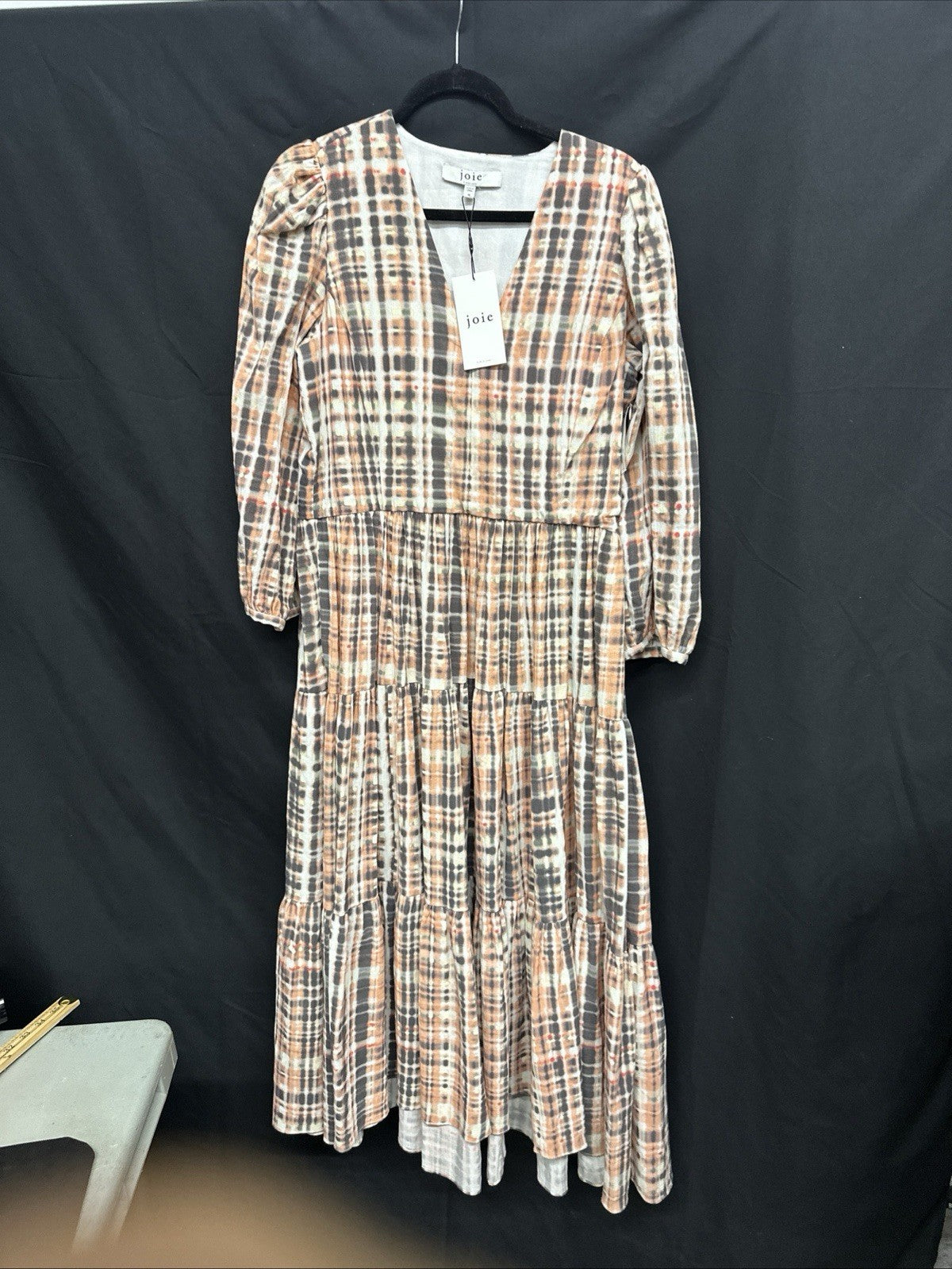 Joie Dress Womens 10 Tobey Espresso Multi  Midi Maxi V Neck Cotton 3/4 Sleeve